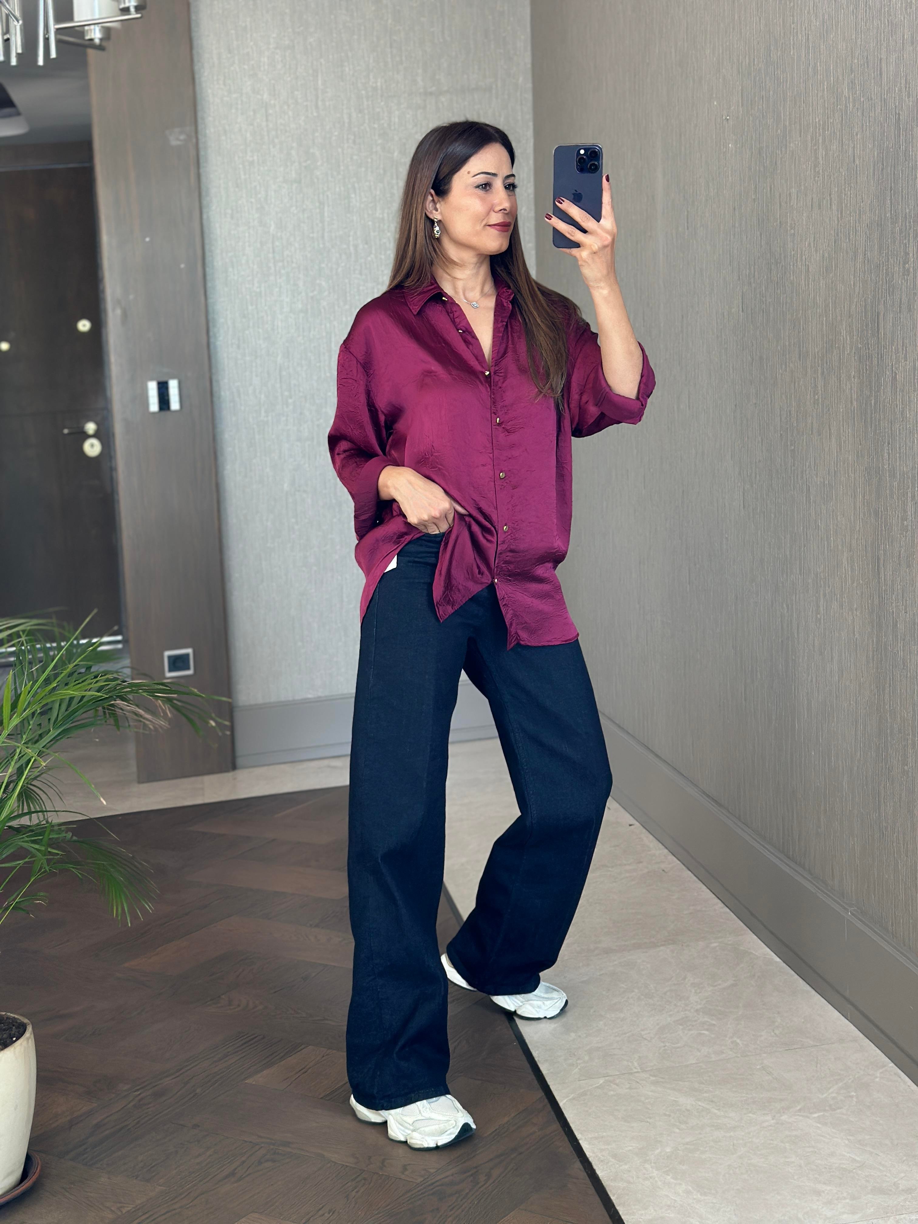 Mürdüm Kırışık Saten Uzun Kol Kadın Gömlek