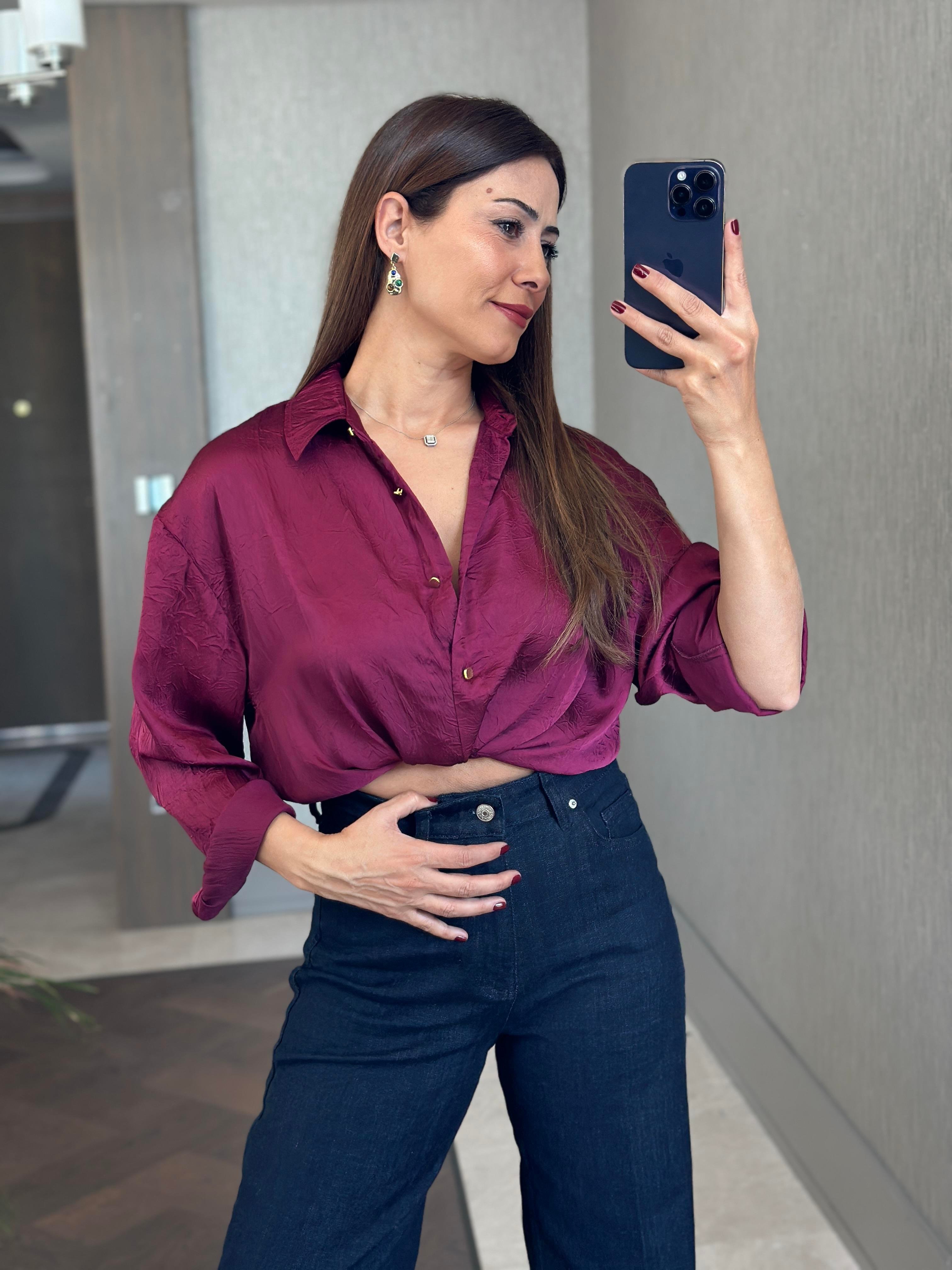 Mürdüm Kırışık Saten Uzun Kol Kadın Gömlek