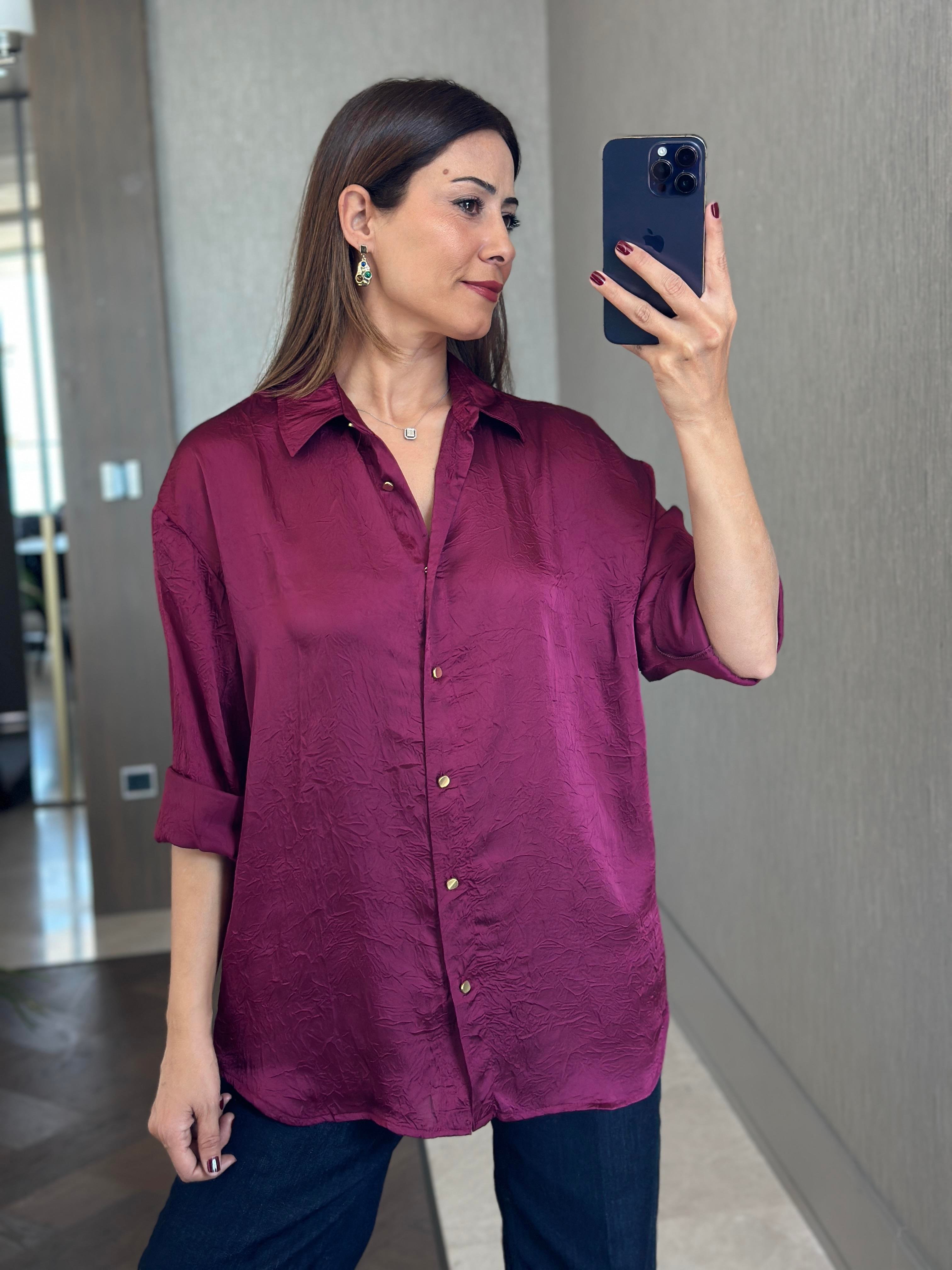 Mürdüm Kırışık Saten Uzun Kol Kadın Gömlek