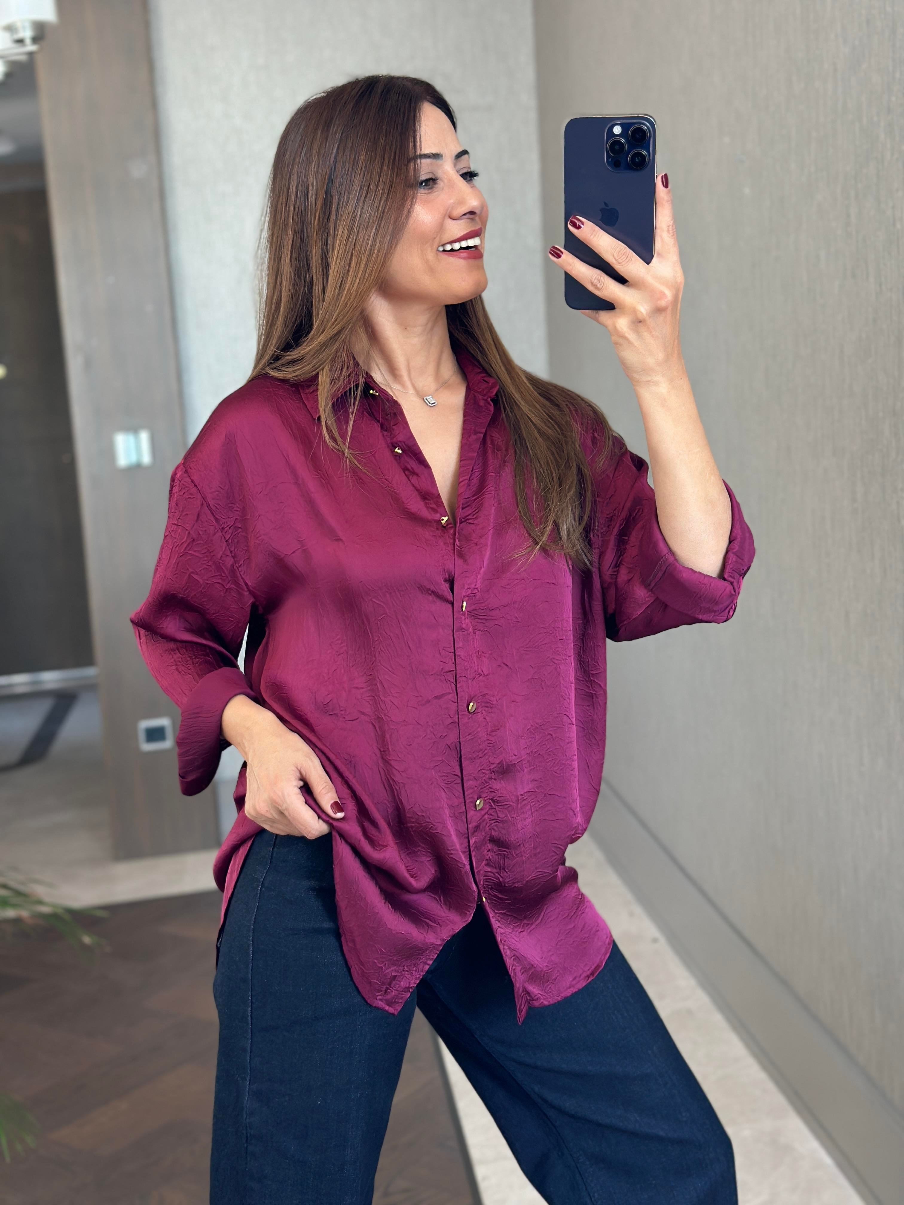 Mürdüm Kırışık Saten Uzun Kol Kadın Gömlek