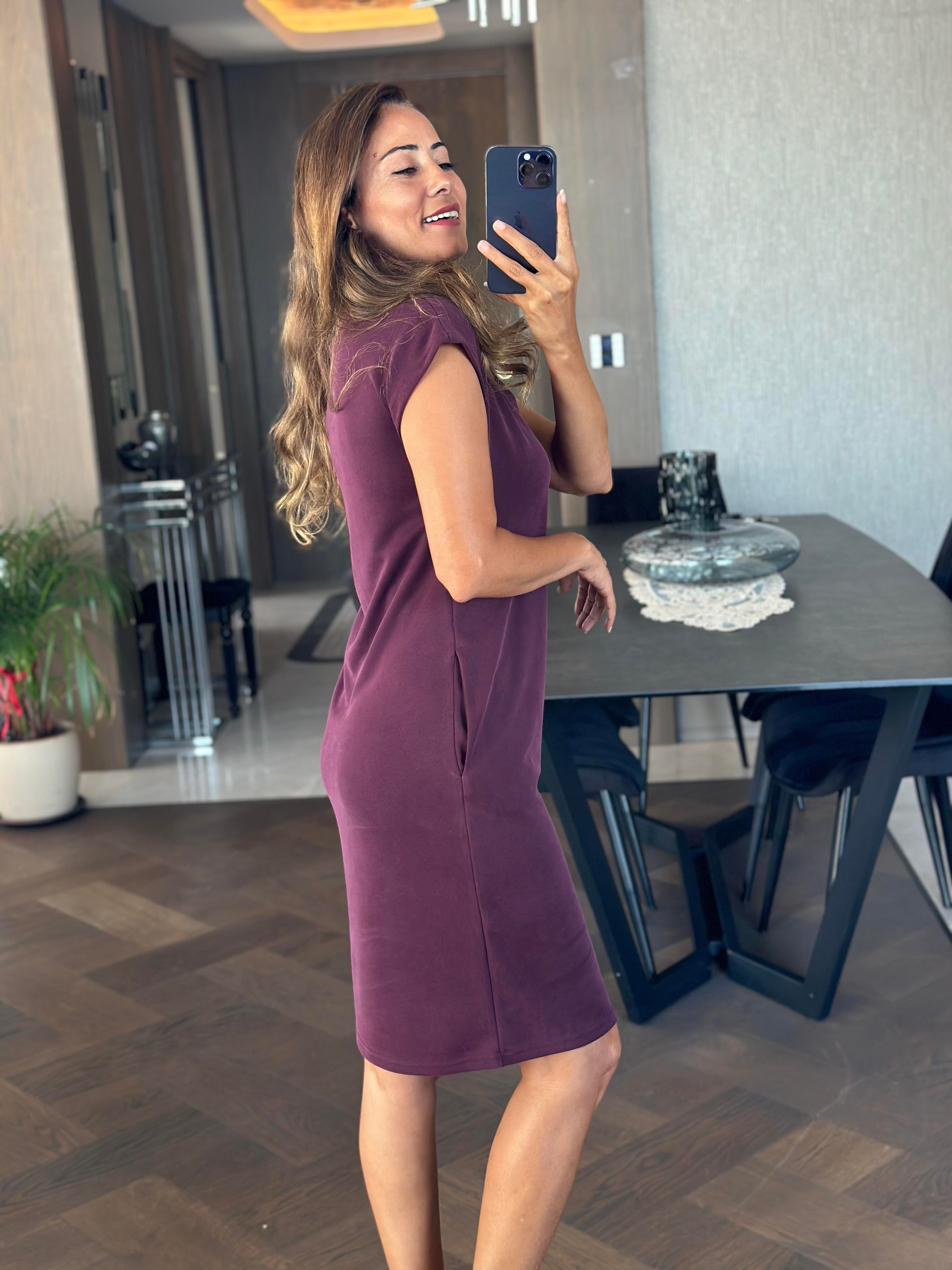 Mürdüm Oysh Polo Yaka Sıfır Kol Modal Midi Boy Kadın Elbise 