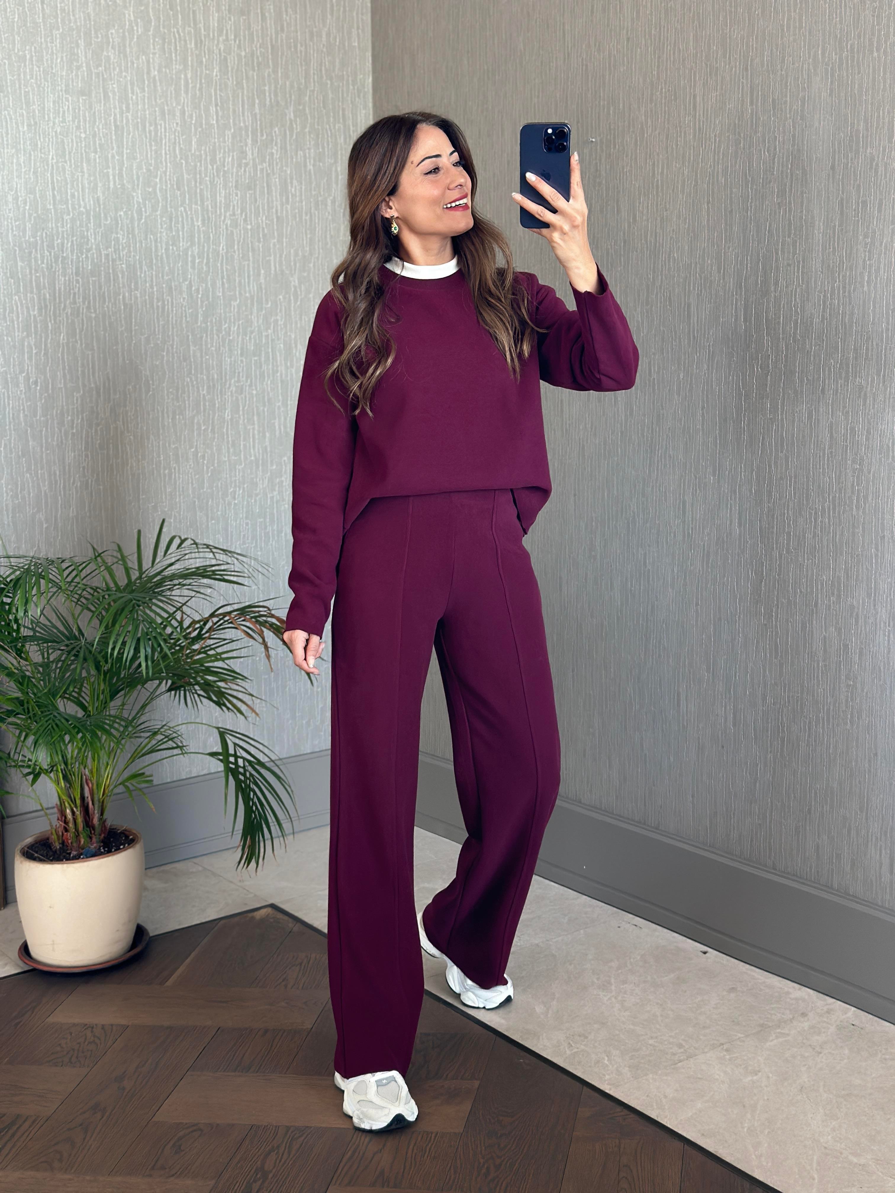 Mürdüm Selanik Eteği Ve Paçası Kesik Sweatshirt Pantolon Kadın Alt Üst Takım