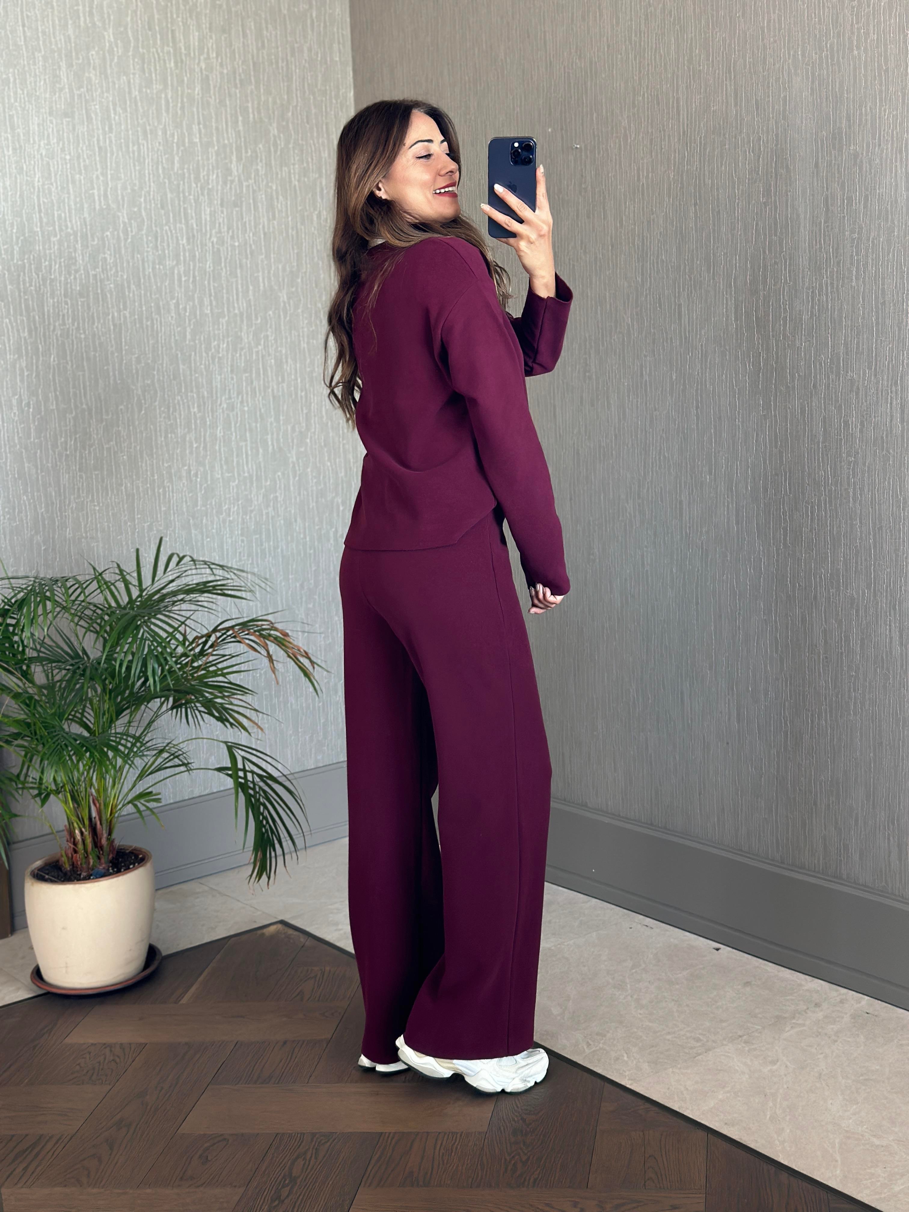 Mürdüm Selanik Eteği Ve Paçası Kesik Sweatshirt Pantolon Kadın Alt Üst Takım