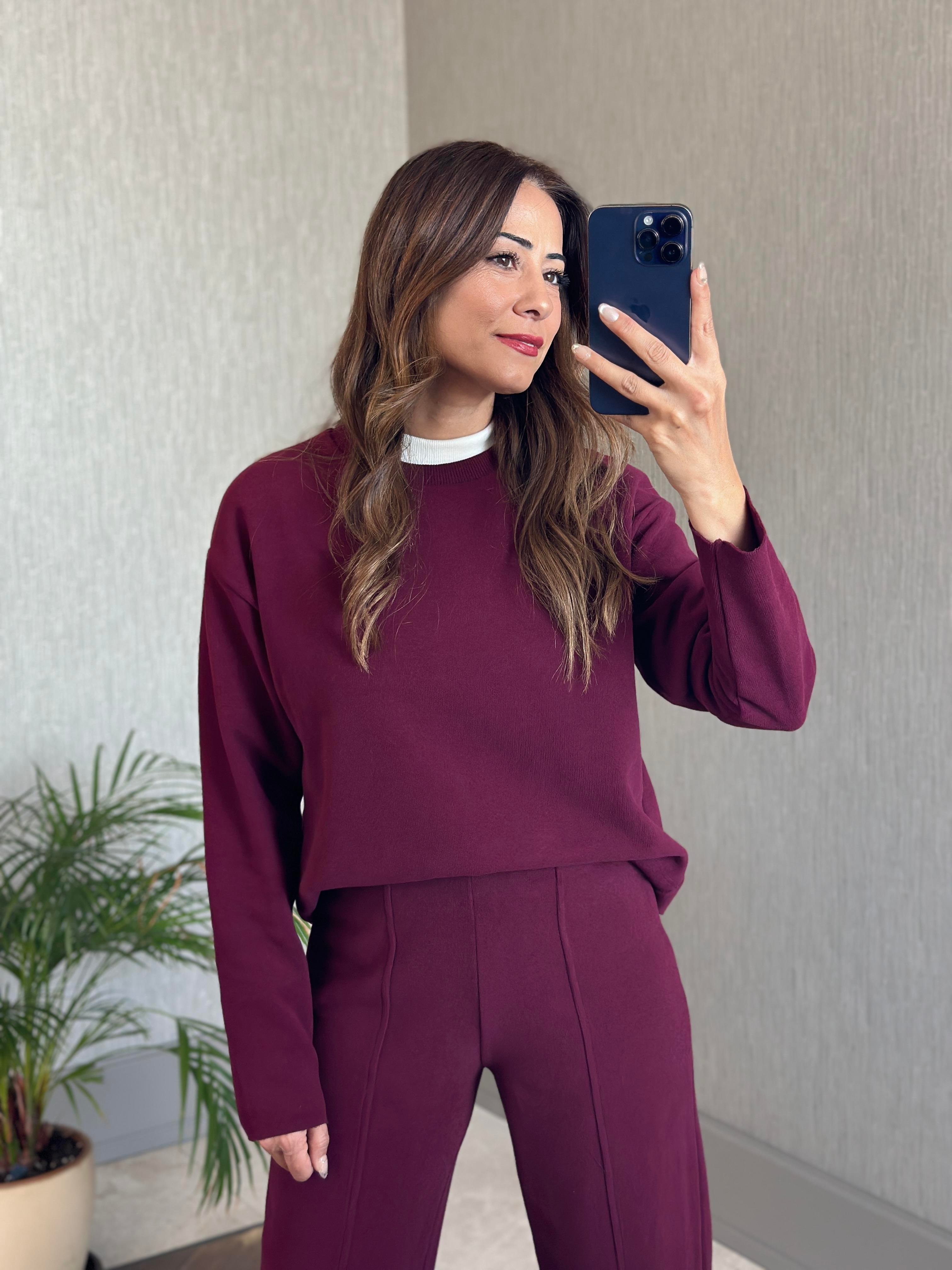 Mürdüm Selanik Eteği Ve Paçası Kesik Sweatshirt Pantolon Kadın Alt Üst Takım