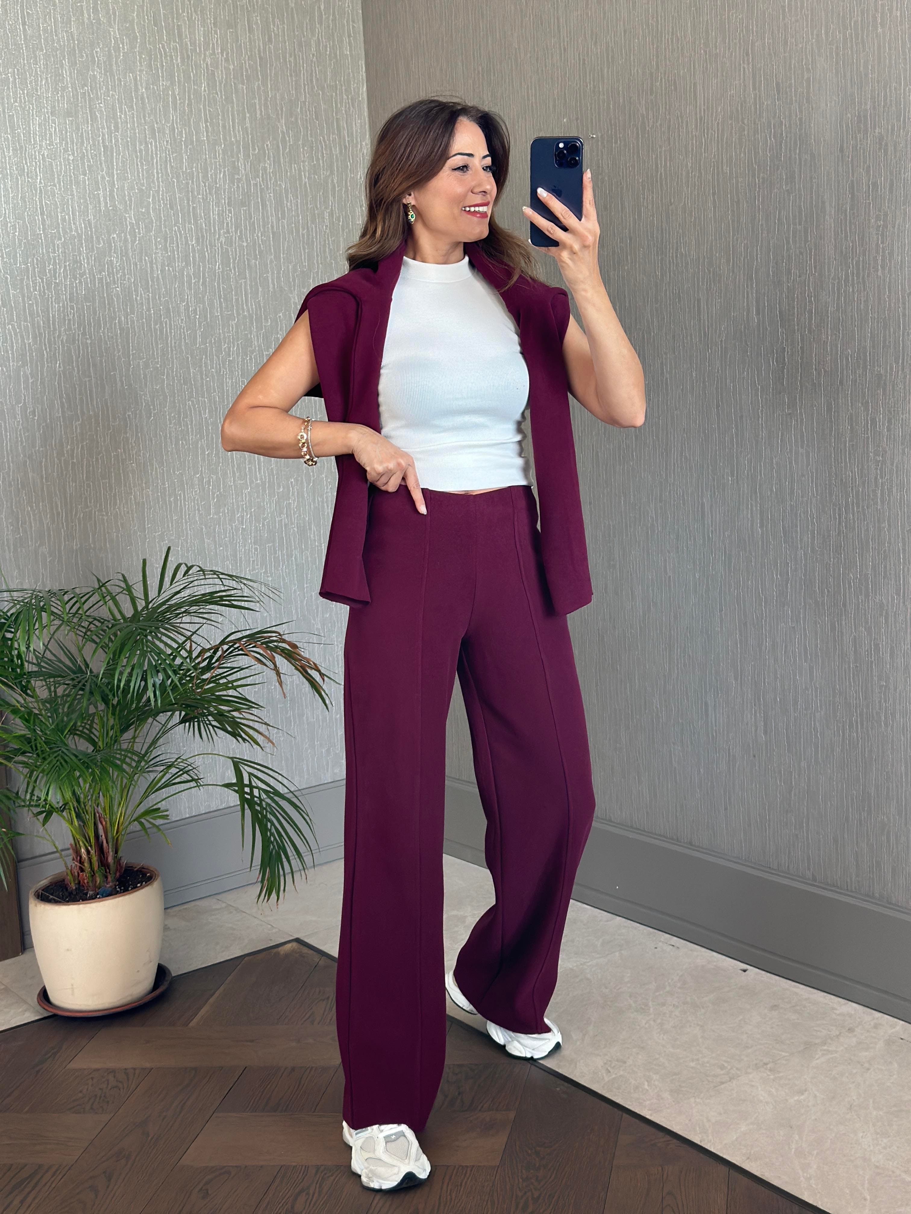 Mürdüm Selanik Eteği Ve Paçası Kesik Sweatshirt Pantolon Kadın Alt Üst Takım