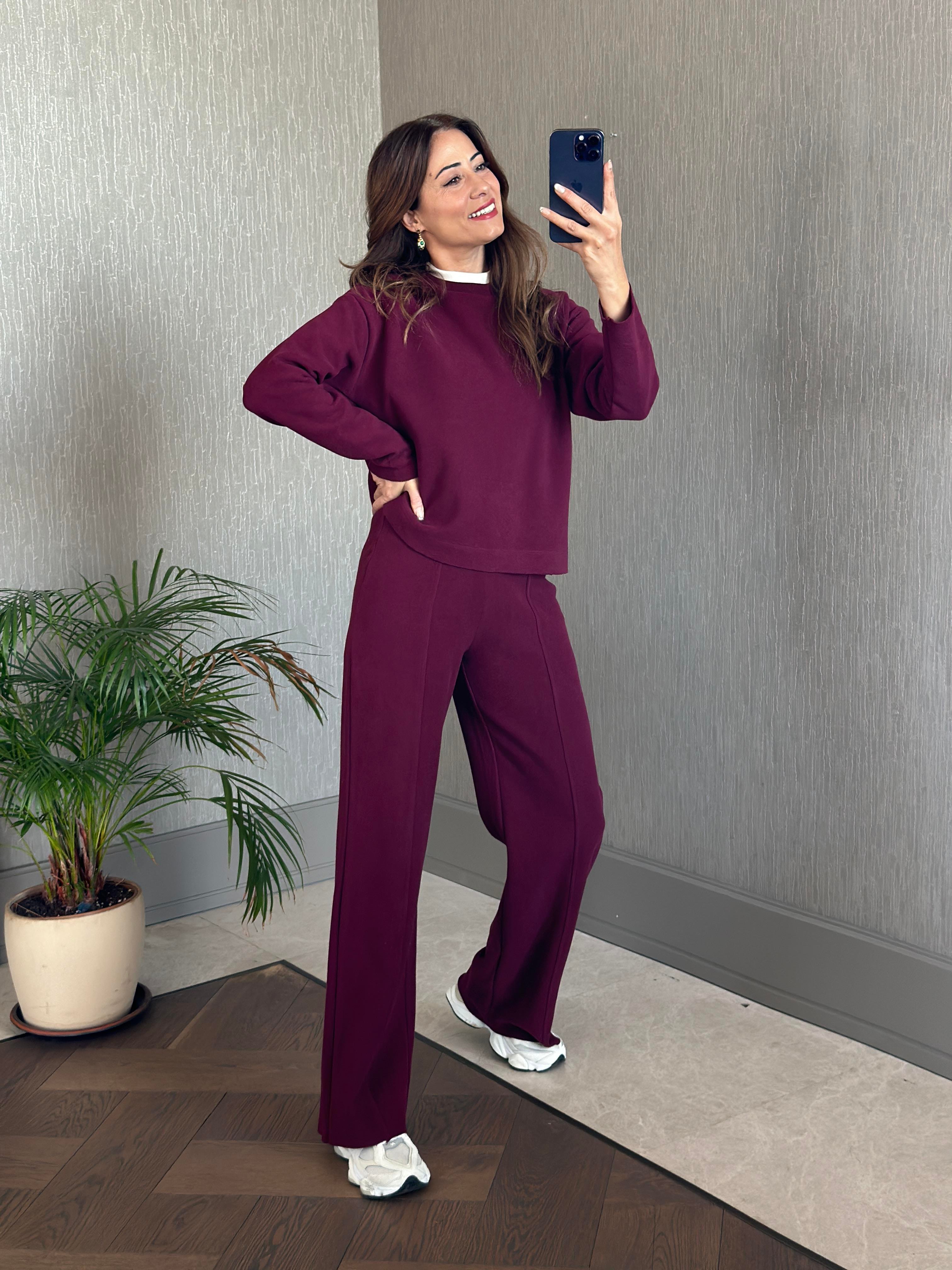 Mürdüm Selanik Eteği Ve Paçası Kesik Sweatshirt Pantolon Kadın Alt Üst Takım