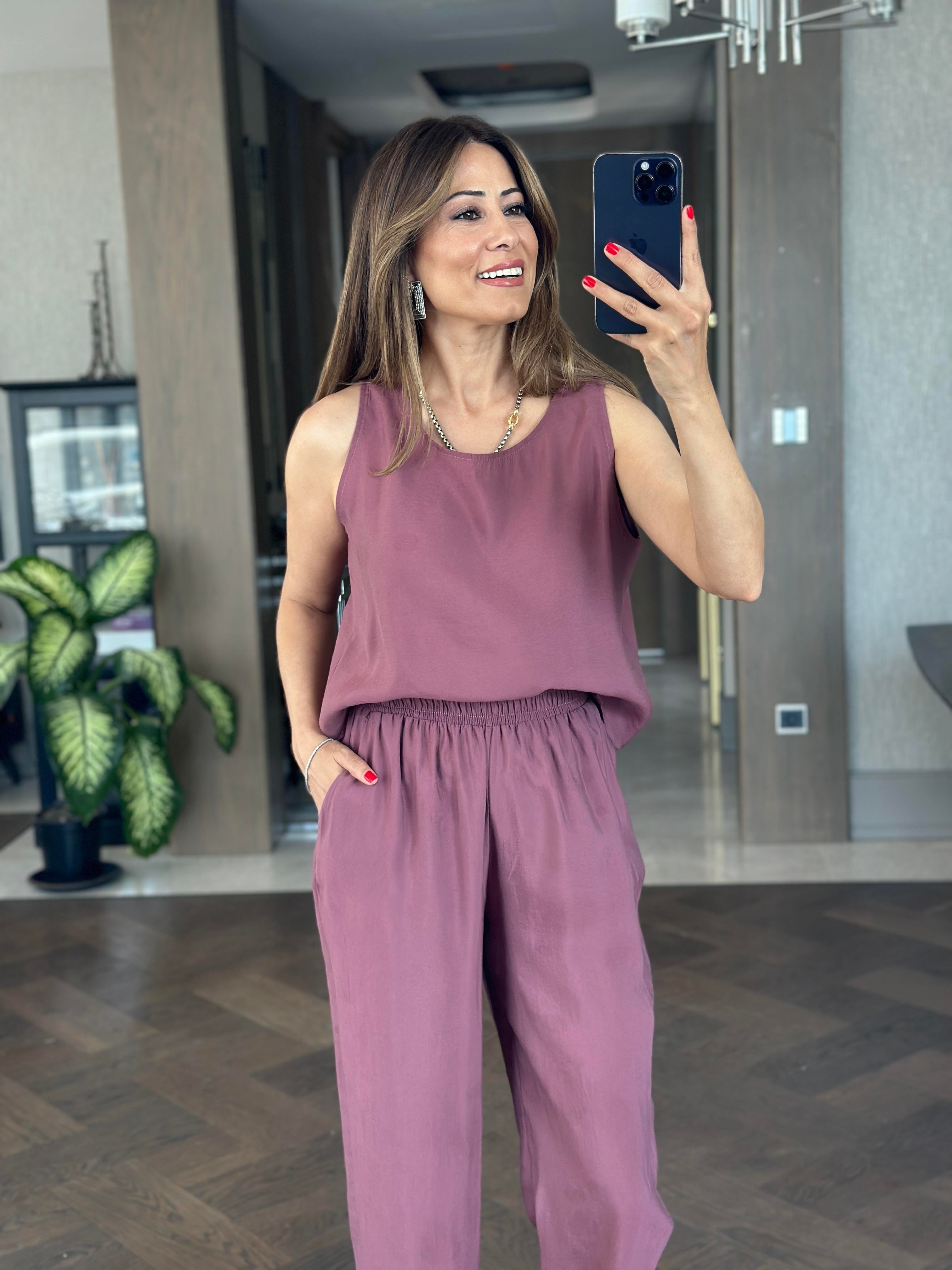 Mürdüm Tnsl Sıfır Kol Bluz Pantolon Alt Üst Takım