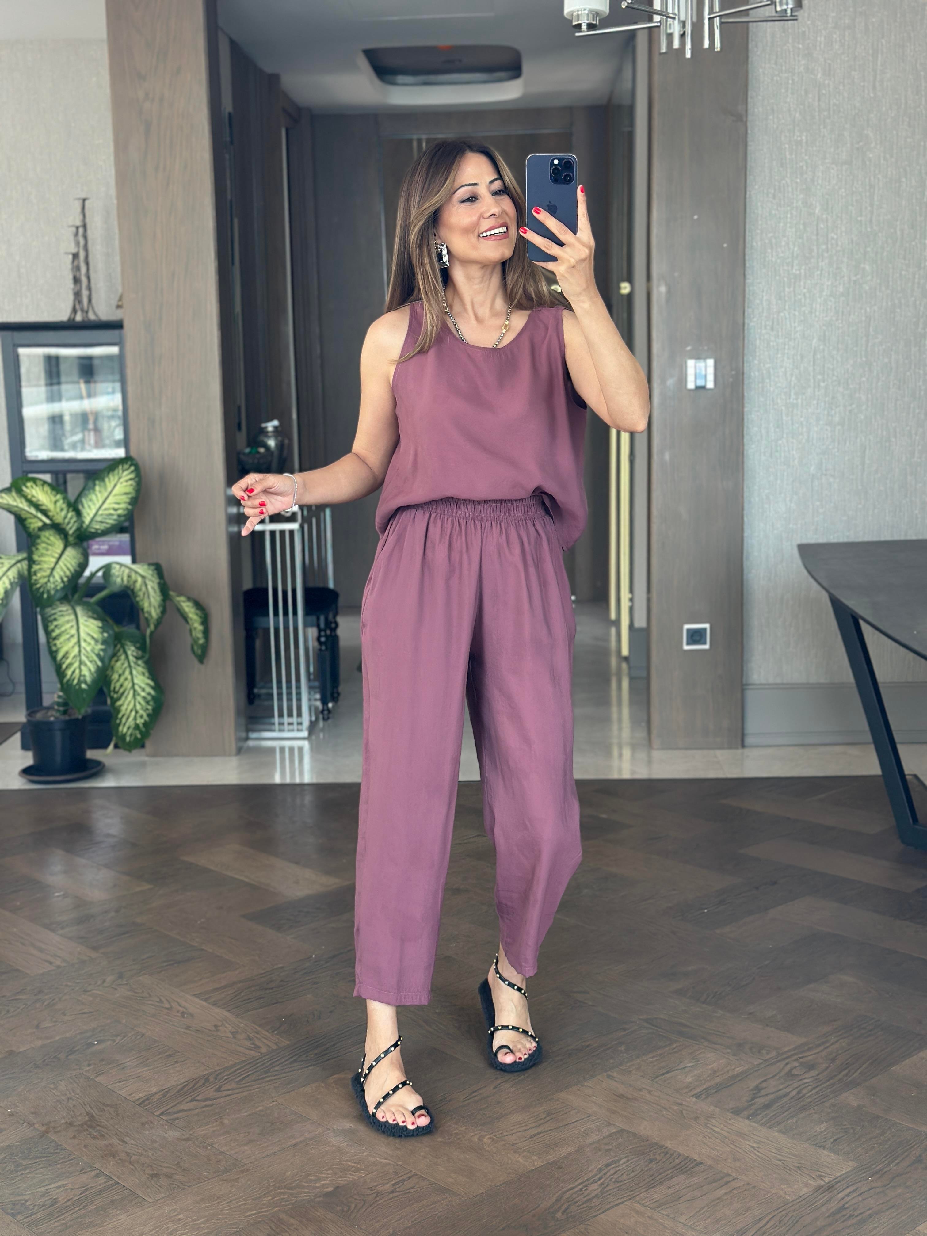 Mürdüm Tnsl Sıfır Kol Bluz Pantolon Alt Üst Takım