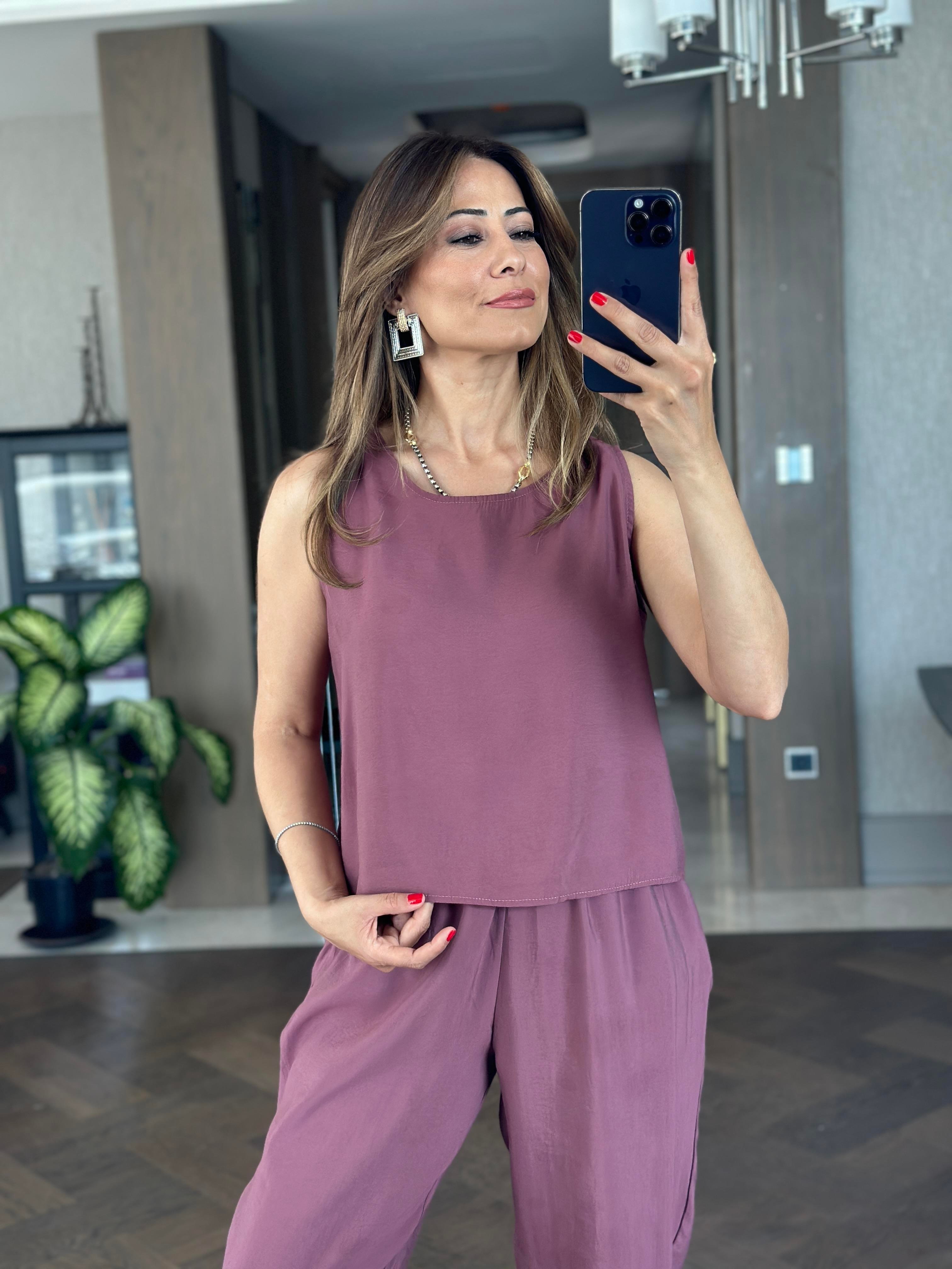 Mürdüm Tnsl Sıfır Kol Bluz Pantolon Alt Üst Takım