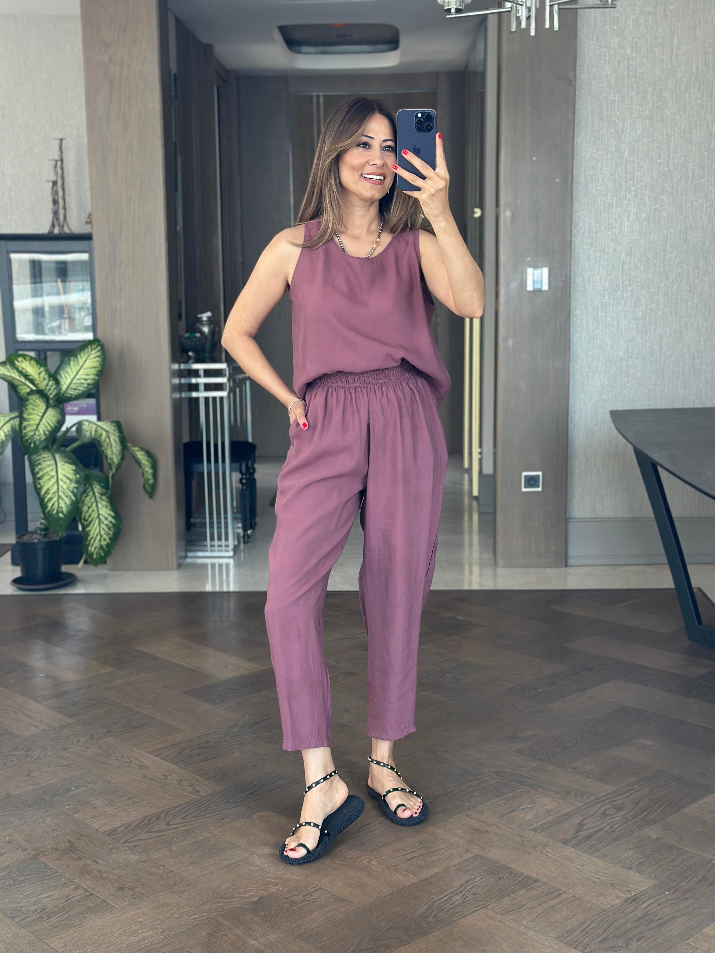 Mürdüm Tnsl Sıfır Kol Bluz Pantolon Alt Üst Takım