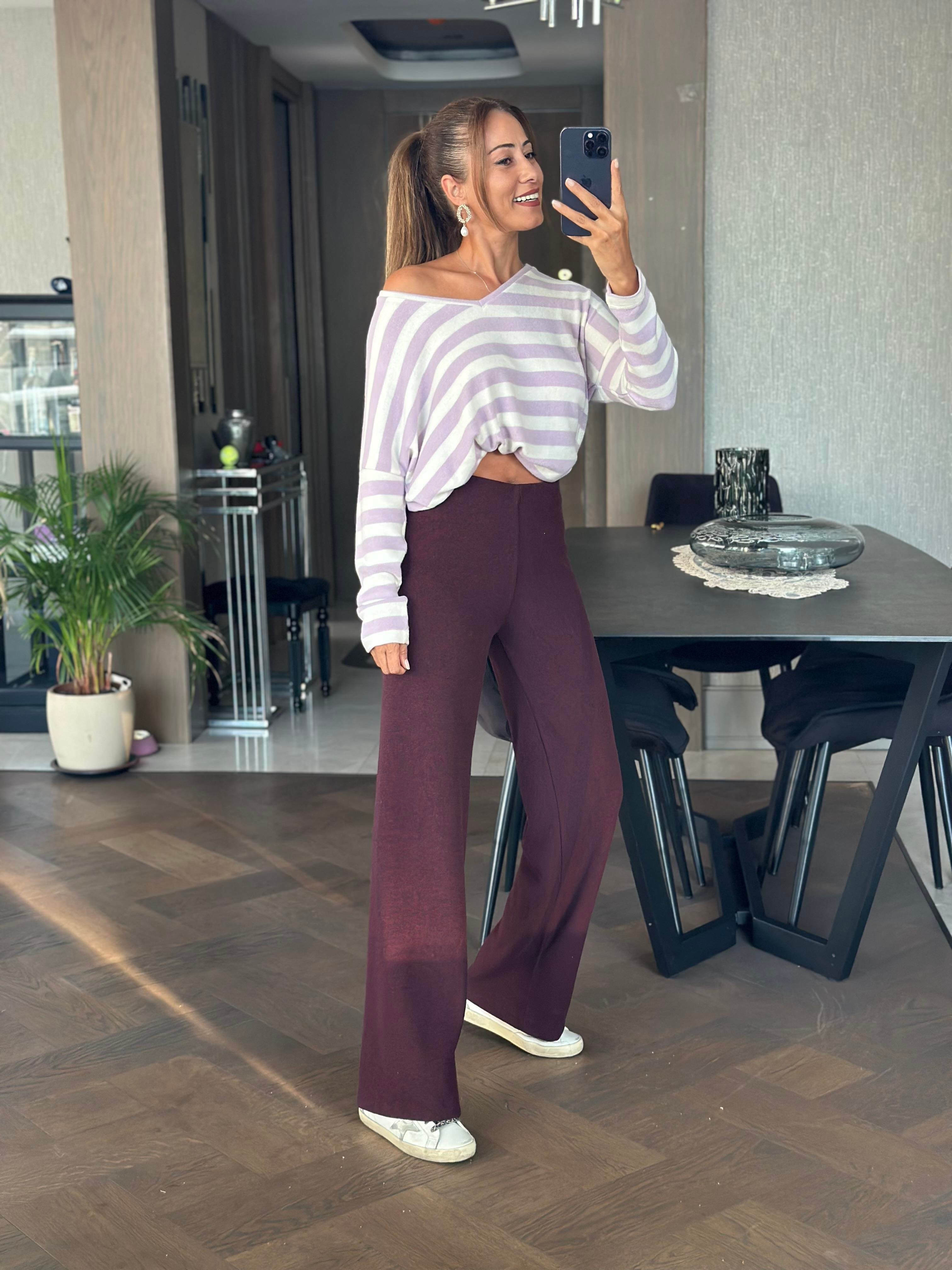 Mürdüm Yumoş Beli Lastikli Bol Paça Kadın Pantolon