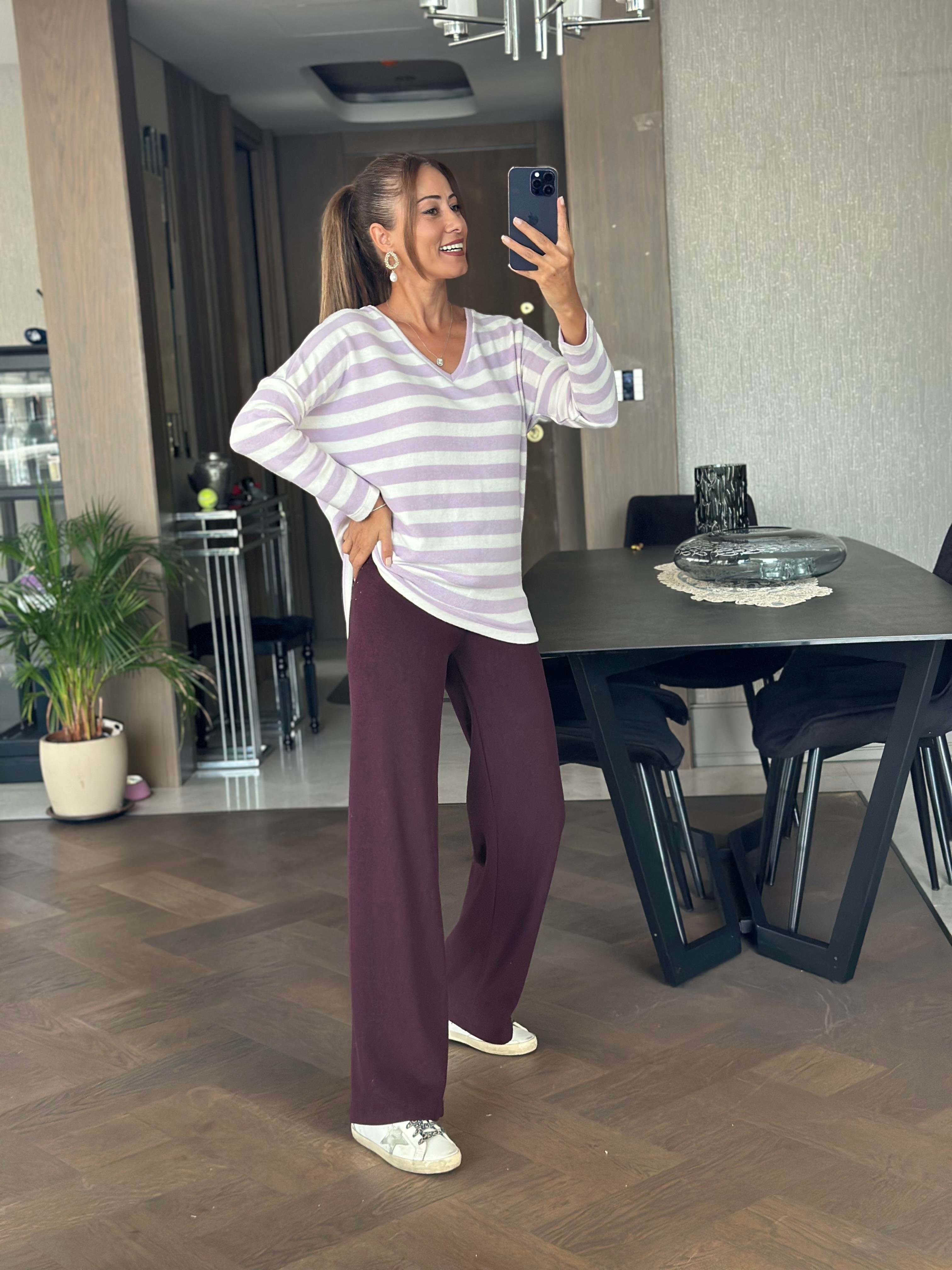 Mürdüm Yumoş Beli Lastikli Bol Paça Kadın Pantolon
