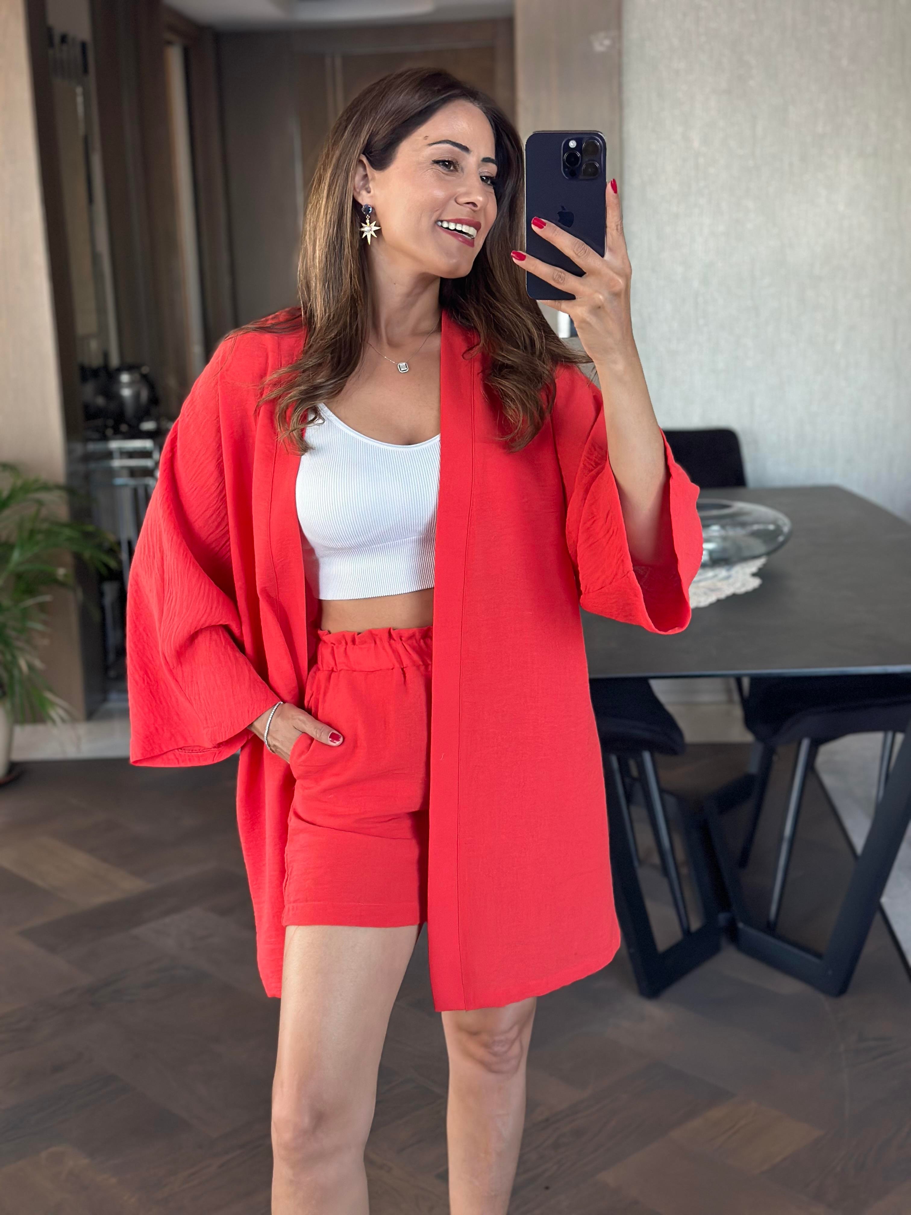 Nar Çiçeği Aerobin Şortlu Kimono Kadın Alt Üst Takım