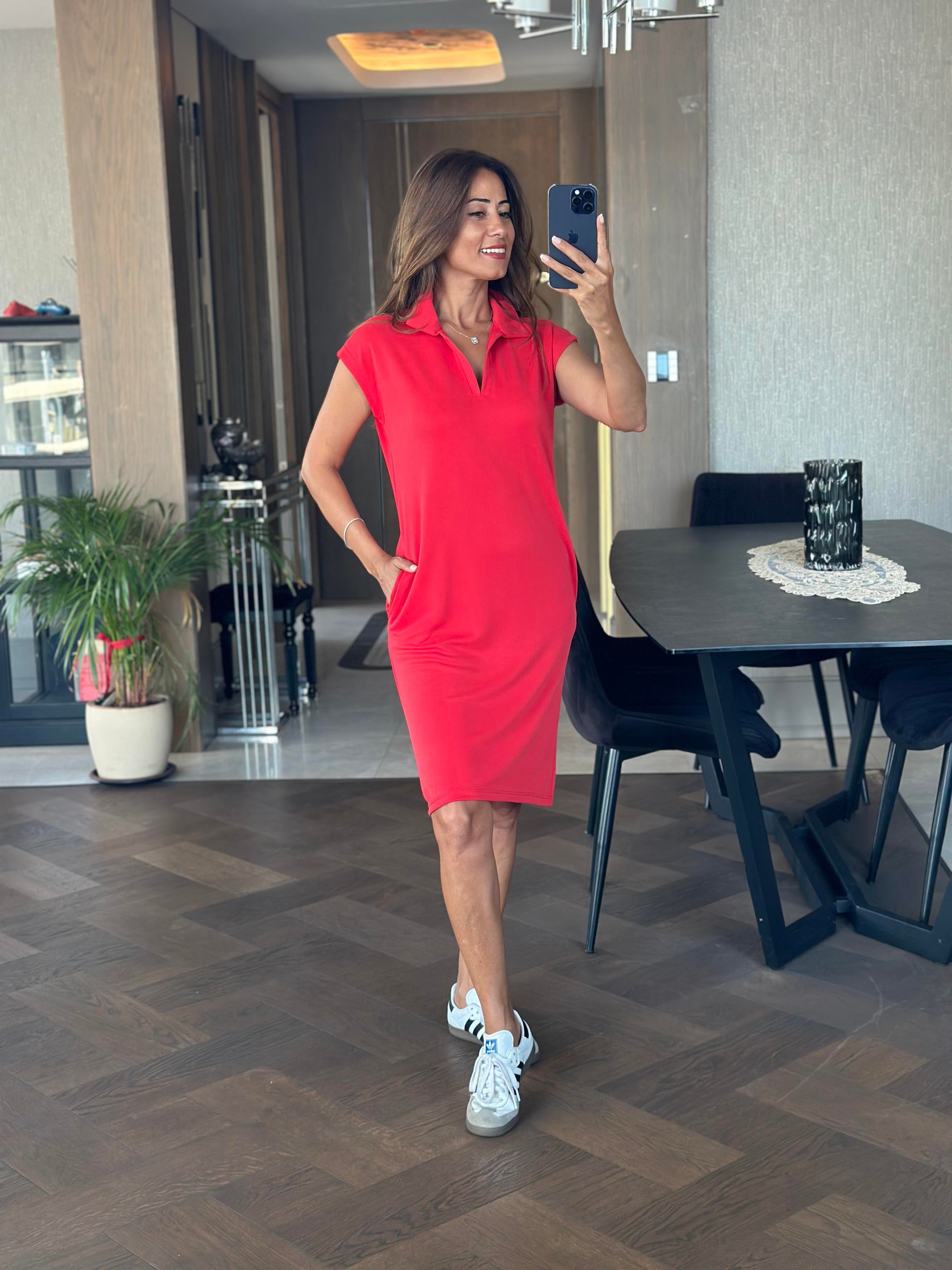 Nar Çiçeği Oysh Polo Yaka Sıfır Kol Modal Midi Boy Kadın Elbise 