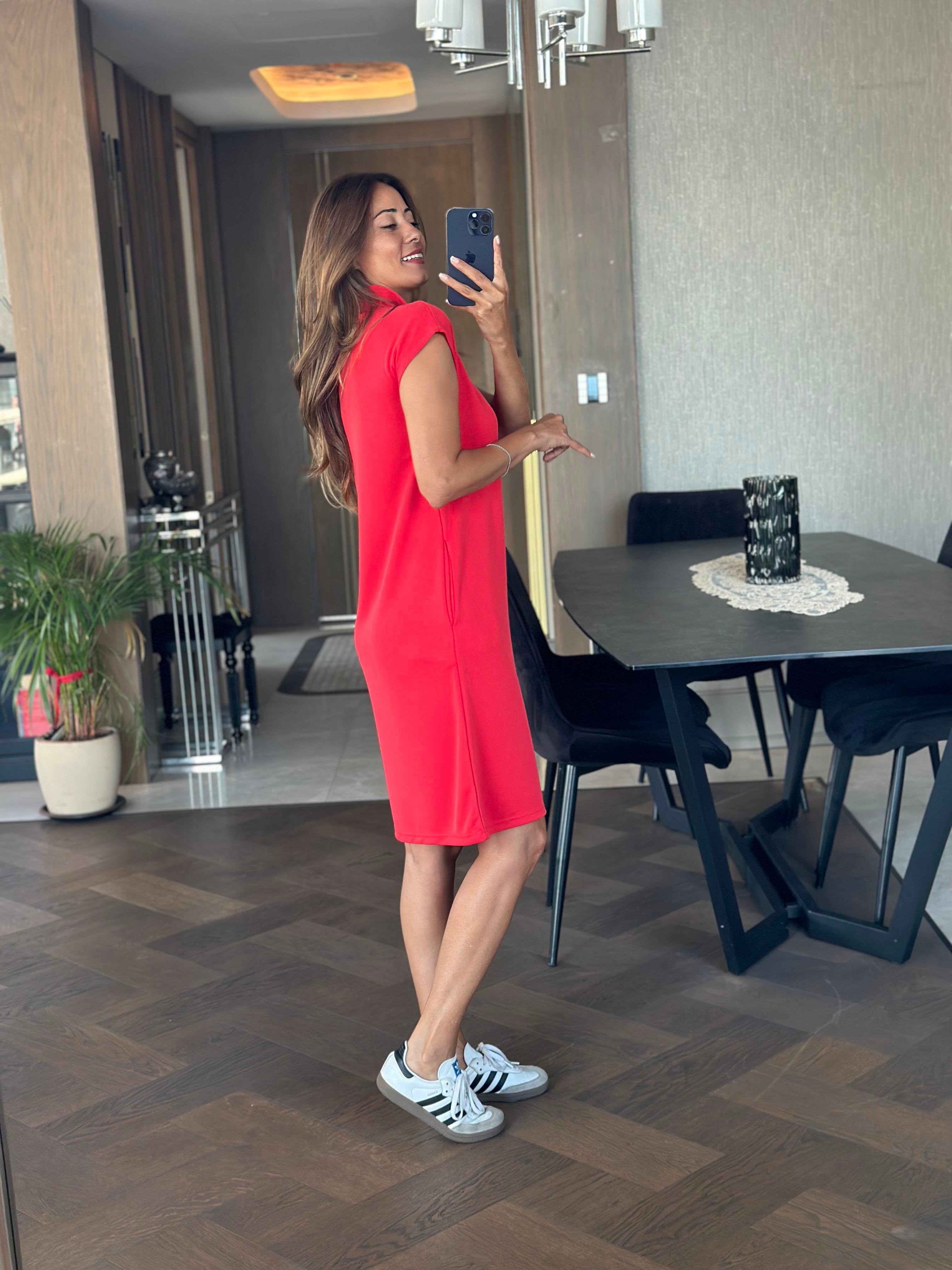 Nar Çiçeği Oysh Polo Yaka Sıfır Kol Modal Midi Boy Kadın Elbise 