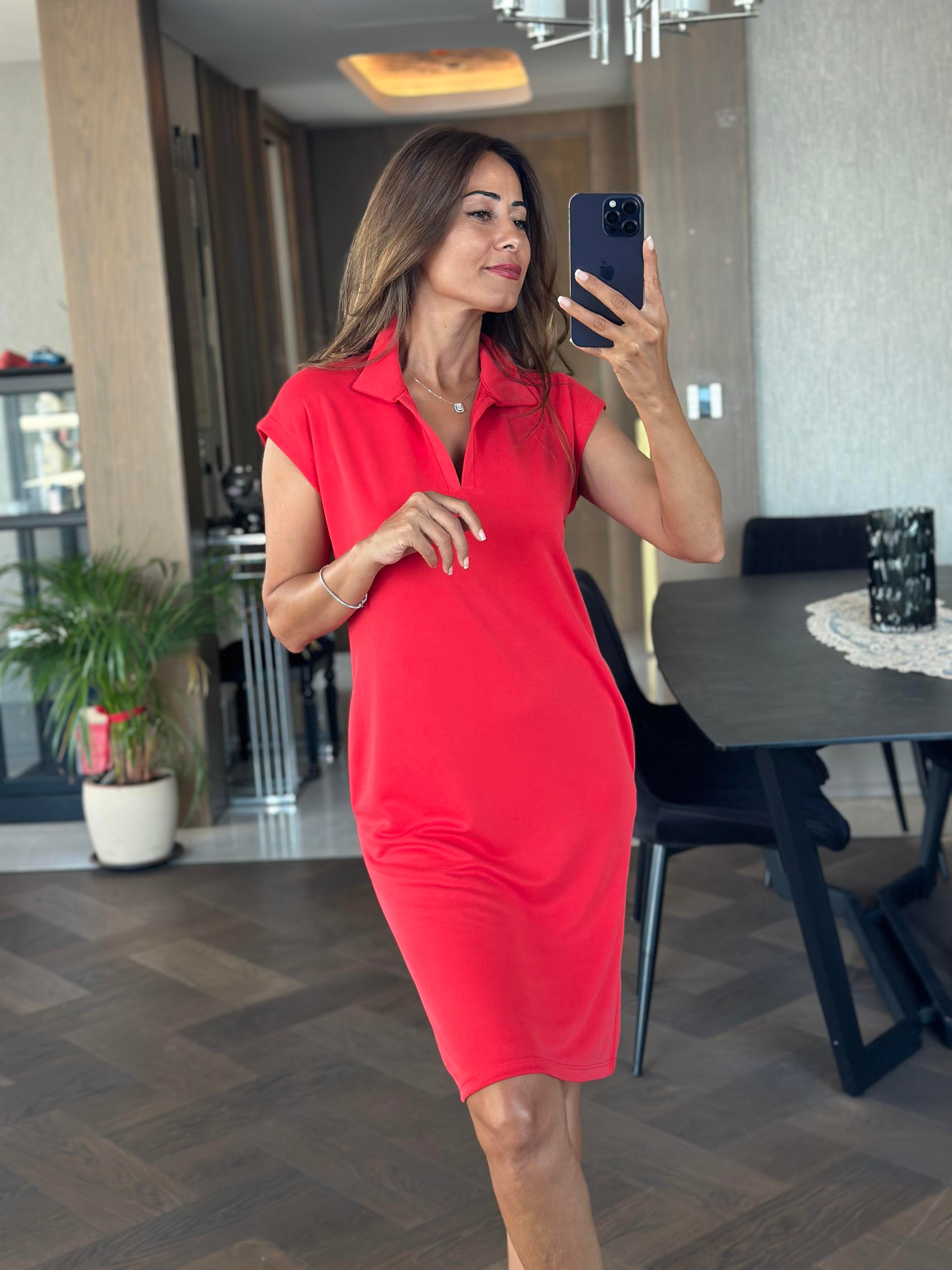 Nar Çiçeği Oysh Polo Yaka Sıfır Kol Modal Midi Boy Kadın Elbise 