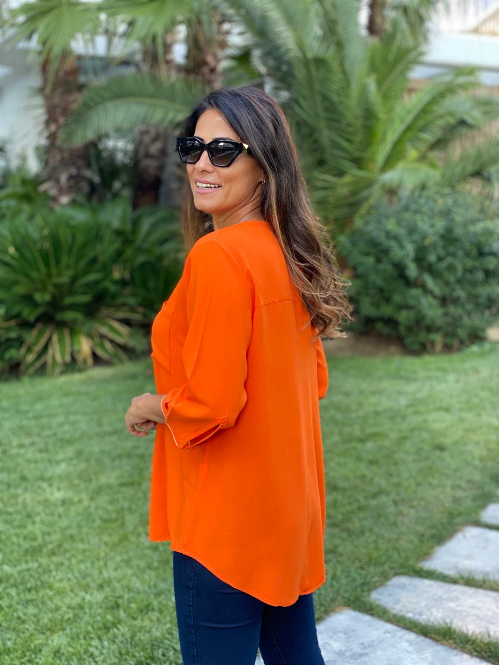 Orange Cepli V Yaka Sim Detay Kadın Bluz