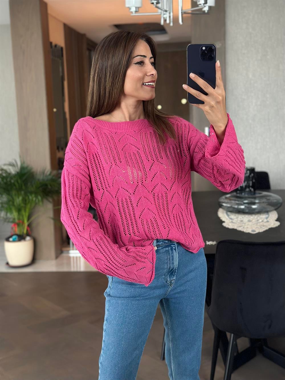 Pembe Ajurlu Geniş Kol Triko Kadın Kazak