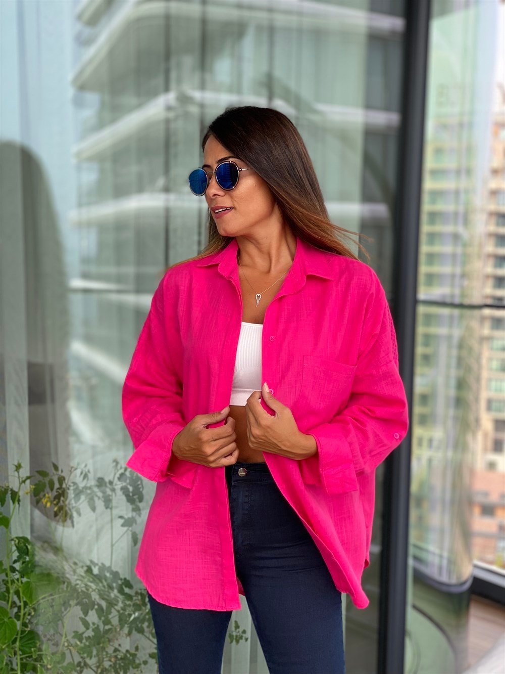 Pembe Arka Roba Örme Flam Keten Kadın Gömlek