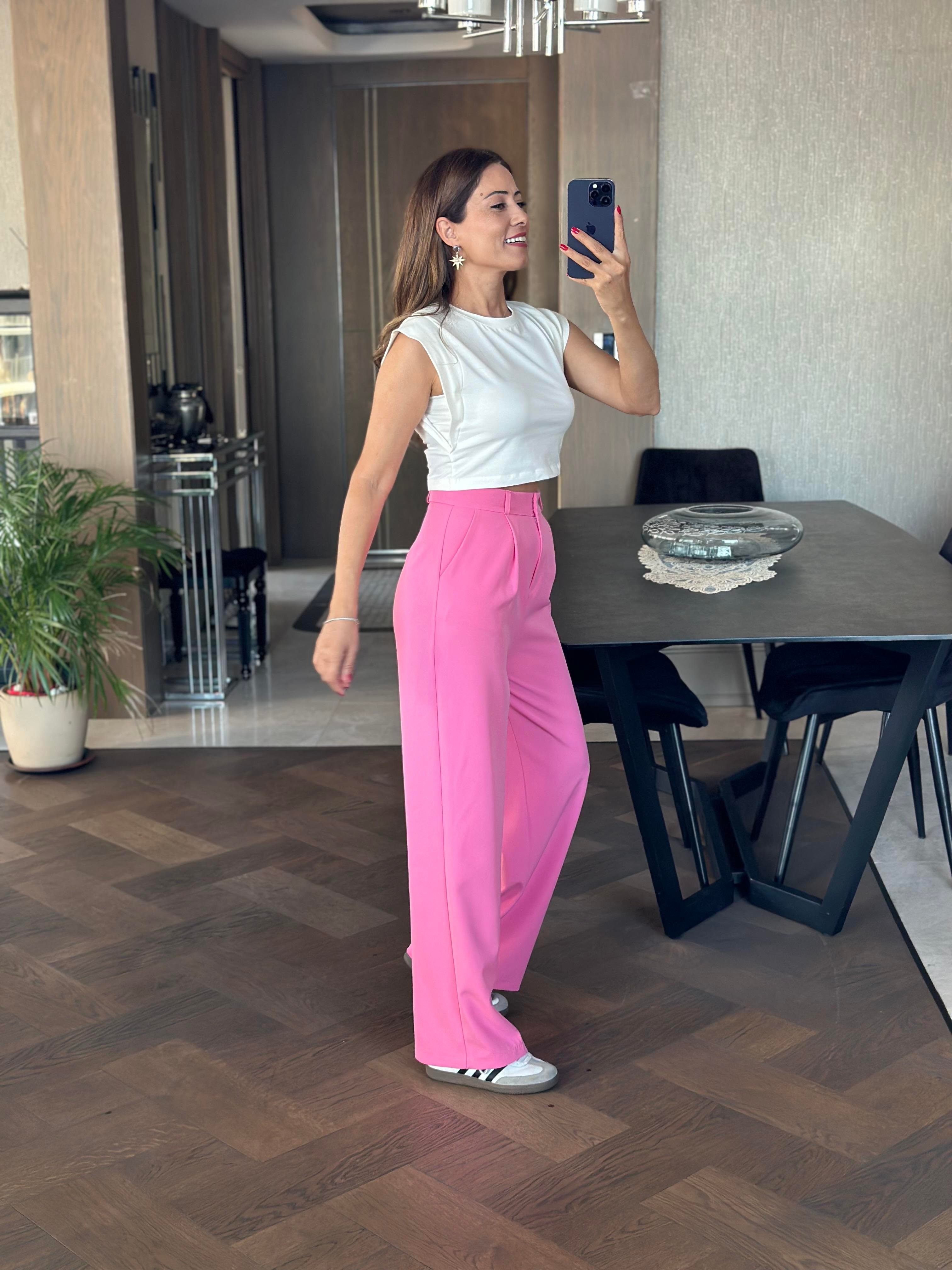 Pembe Atlas Kumaş Orjinal Marka Palazzo Kadın Pantolon