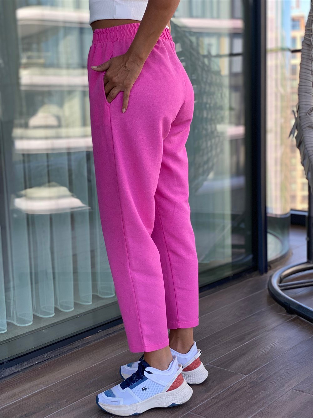Pembe Bağcığı Boncuk Detay Cepli Keten Kadın Pantolon