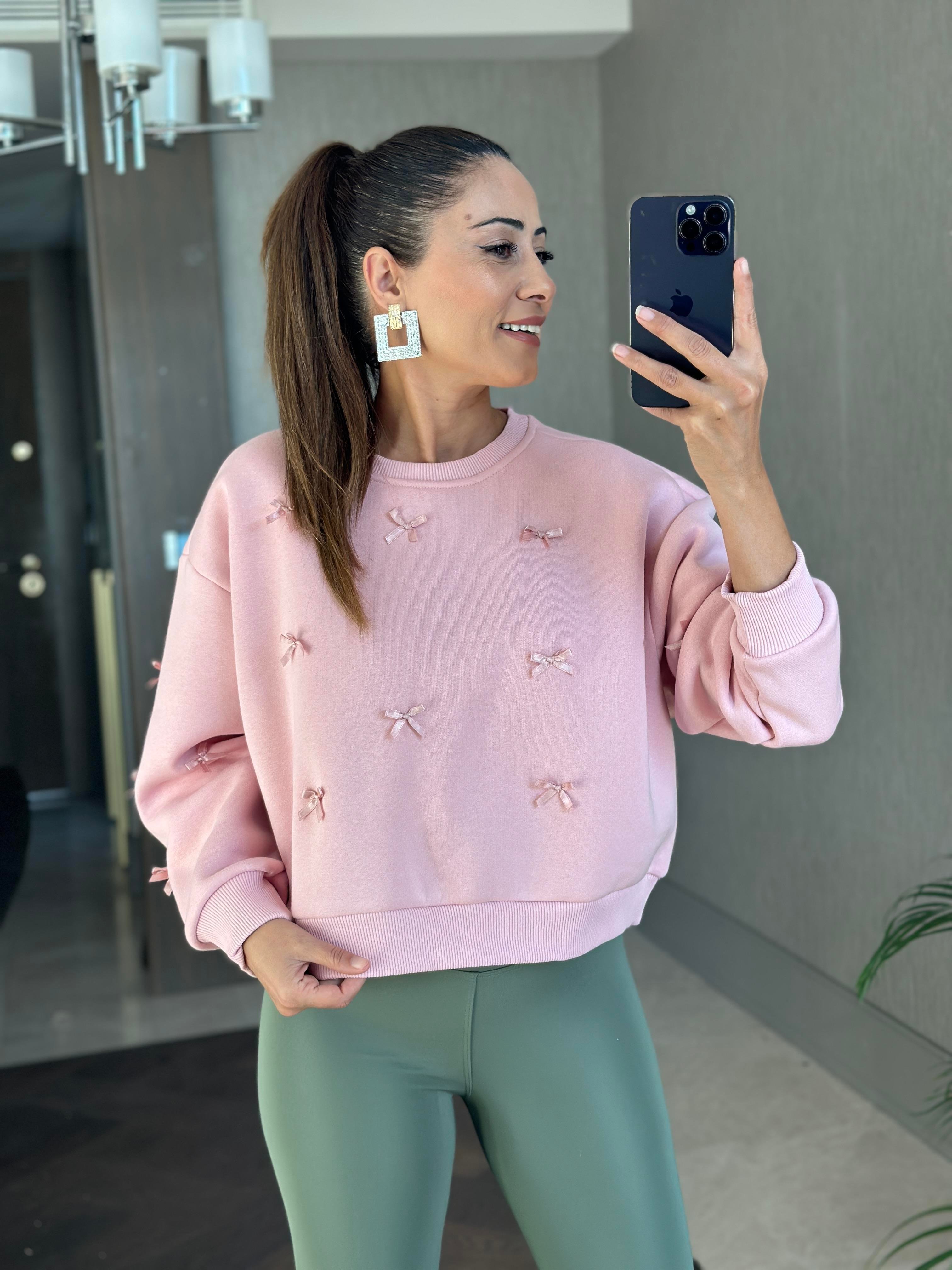 Pembe Bisiklet Yaka Kurdele Detaylı Şardonlu Kadın Sweatshirt