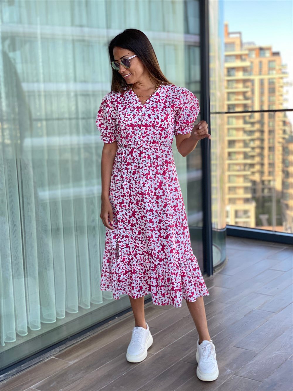 Pembe Çiçek Desenli Beli Lastikli Poplin Elbise