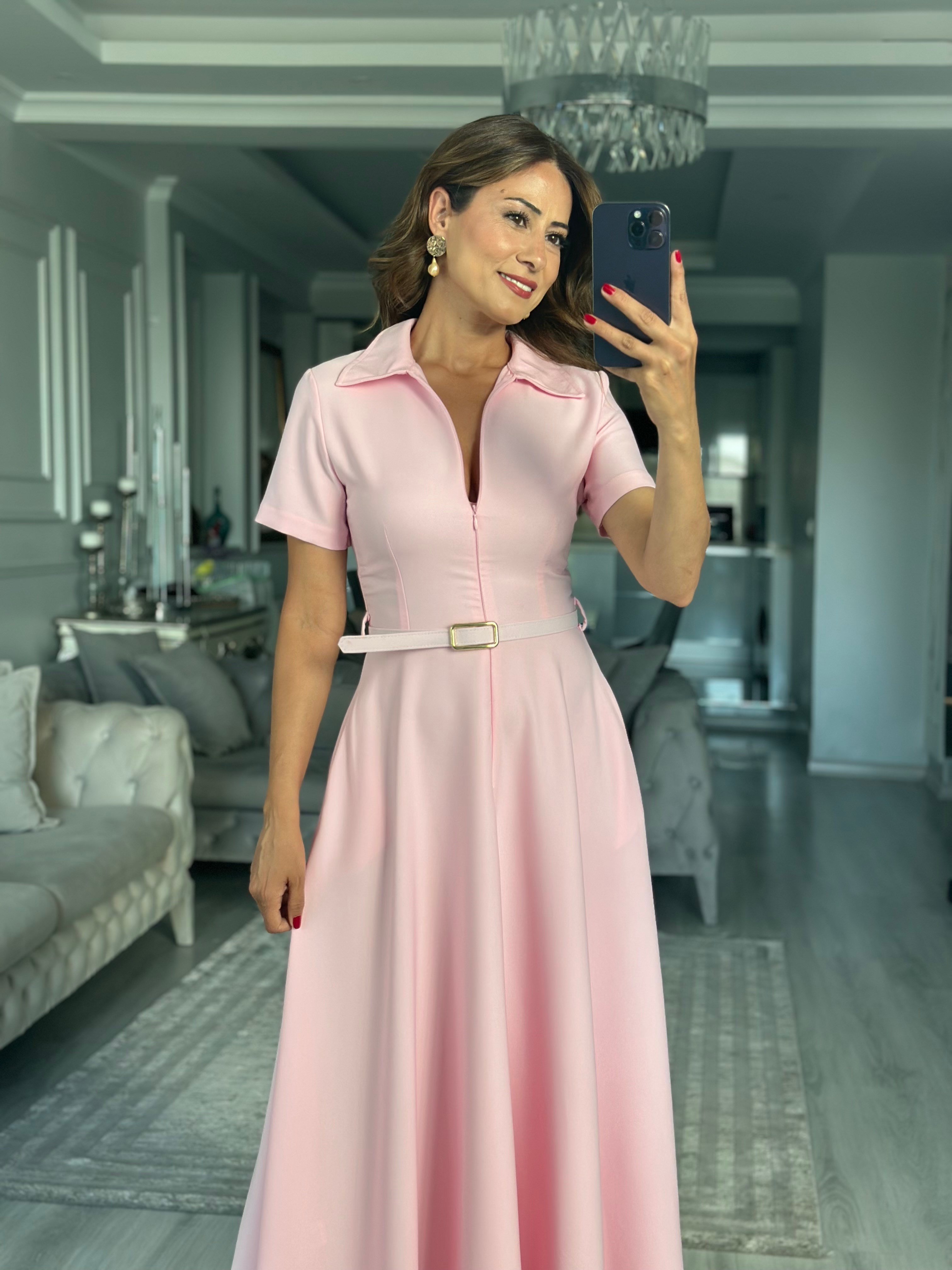 Pembe Gömlek Yaka Önden Fermuarlı Midi Boy Kadın Gömlek Elbise