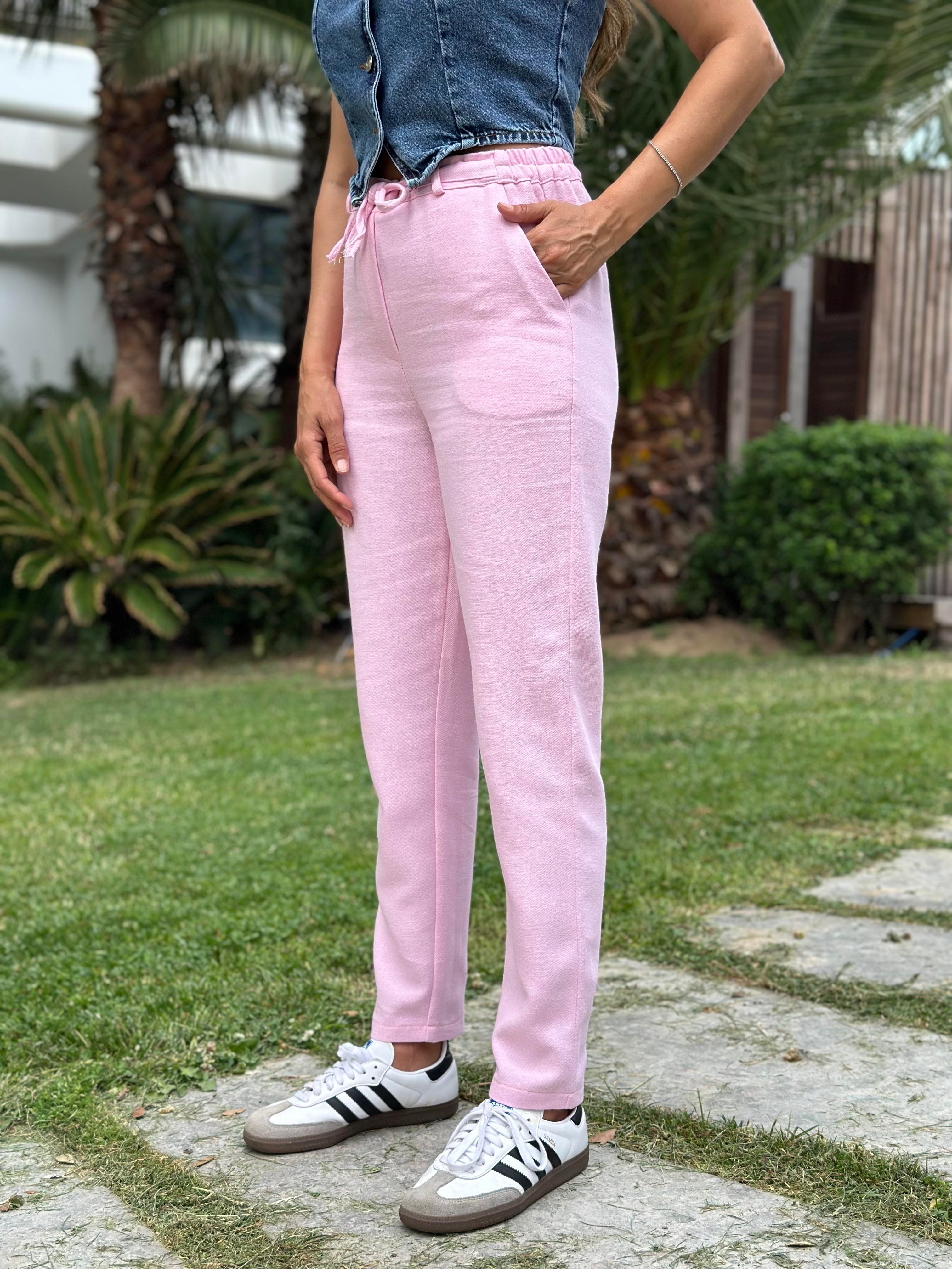 Pembe Jogger Beli Bağcıklı Keten Kadın Pantolon