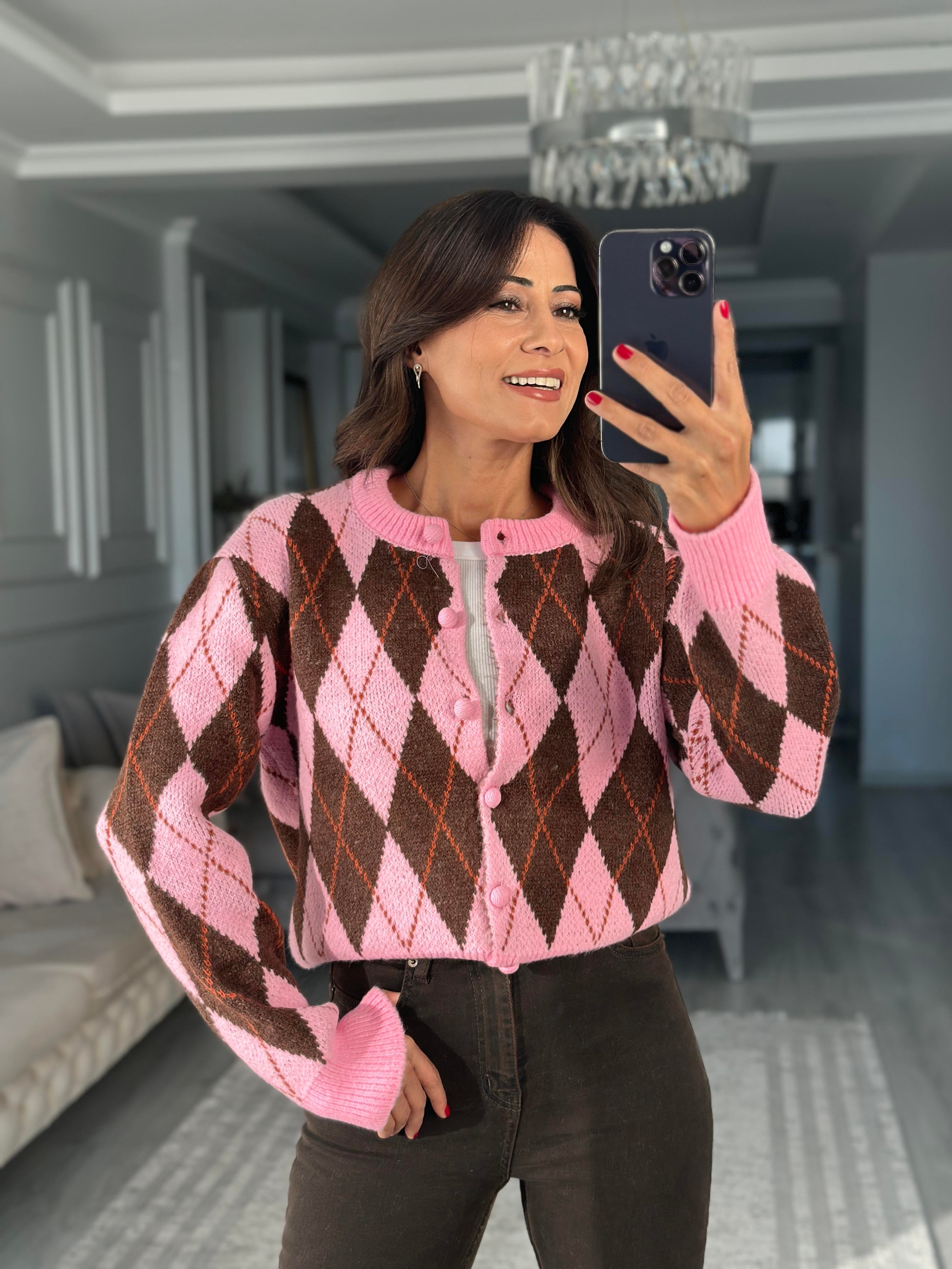 Pembe Kahverengi Baklava Desen Bisiklet Yaka Kadın Triko Hırka