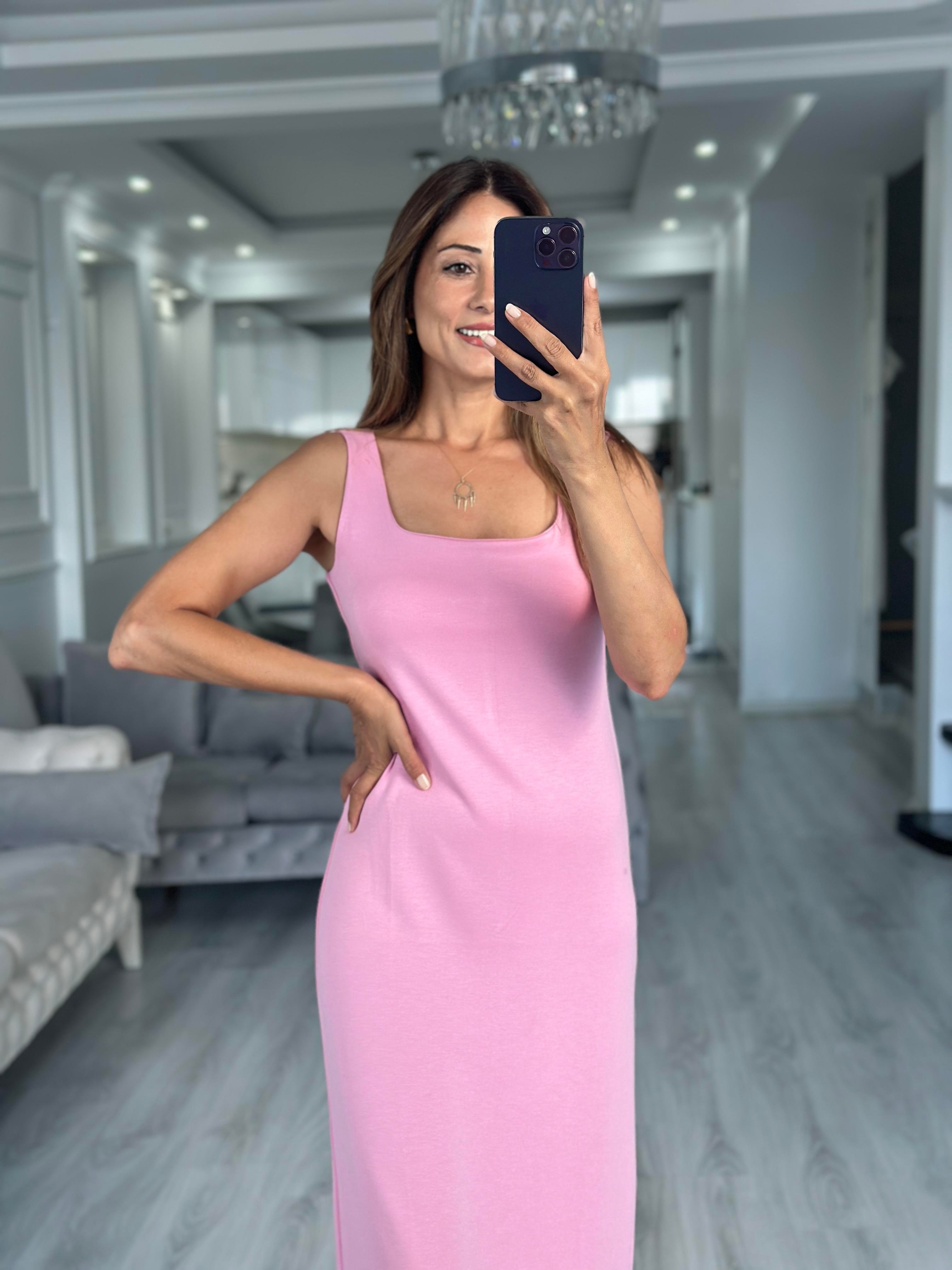Pembe Kare Yaka Düz Basic Midi Boy Kadın Elbise 