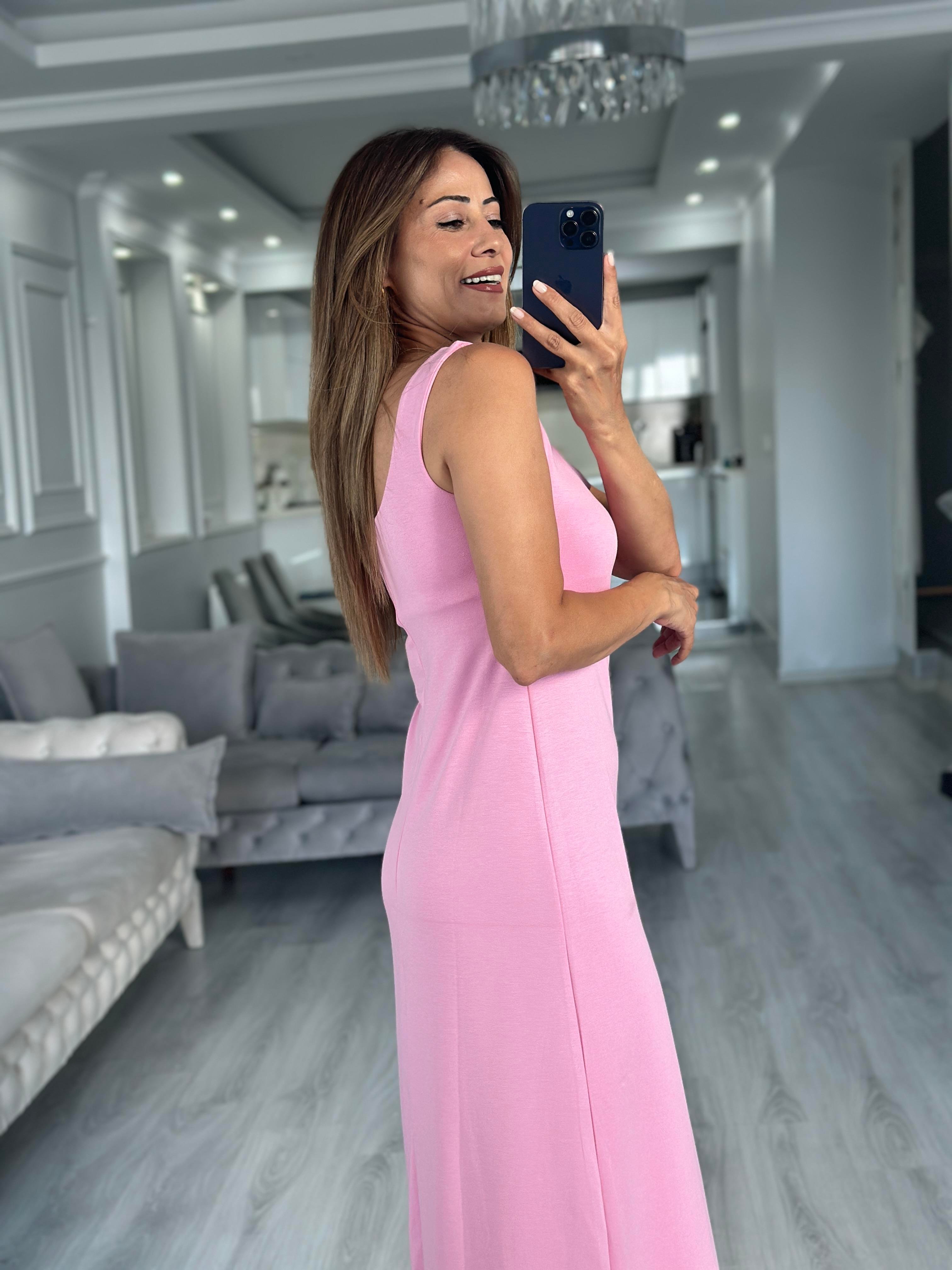 Pembe Kare Yaka Düz Basic Midi Boy Kadın Elbise 