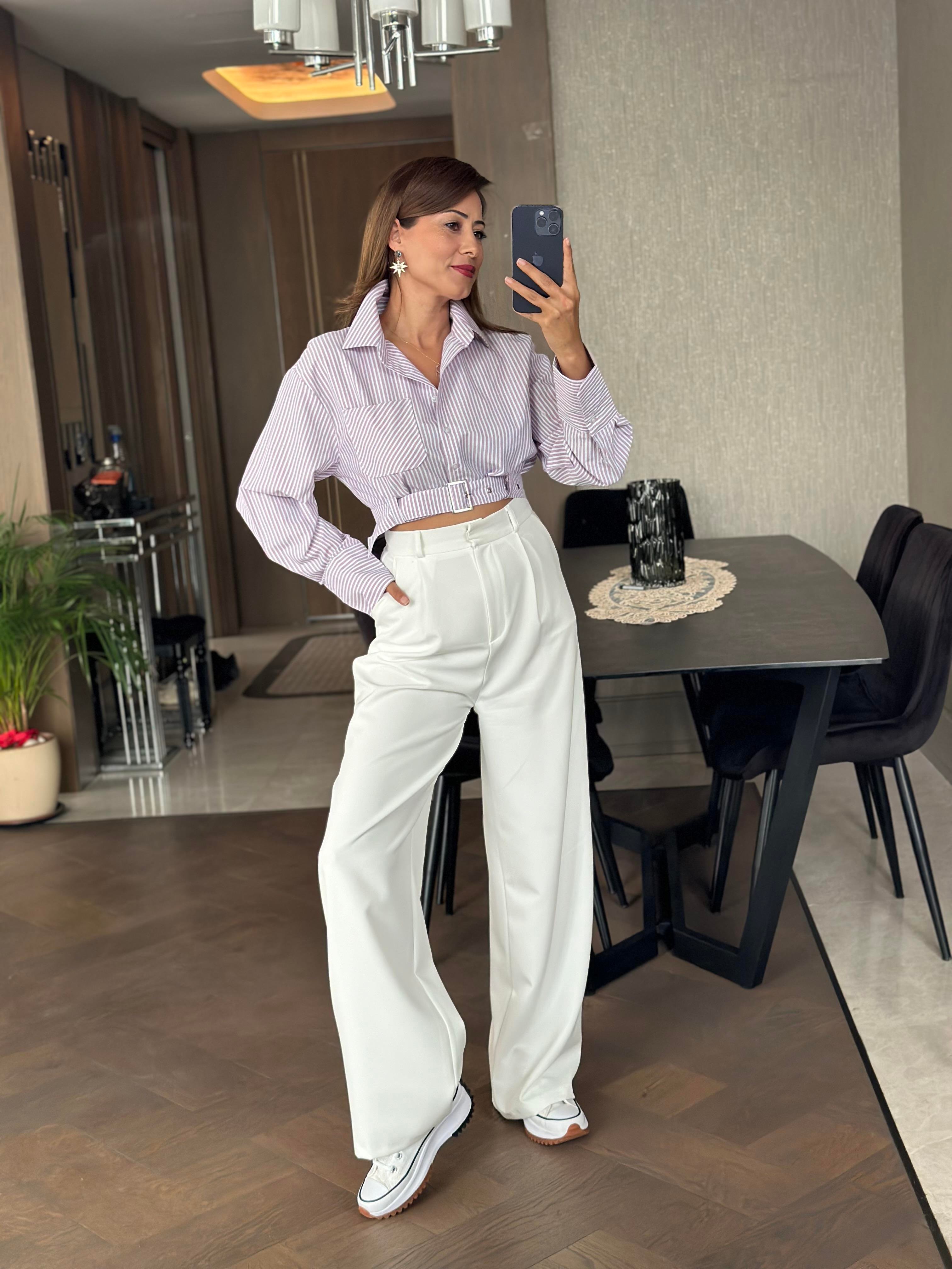 Pembe Kemer Detay Çizgili Kadın Crop Gömlek