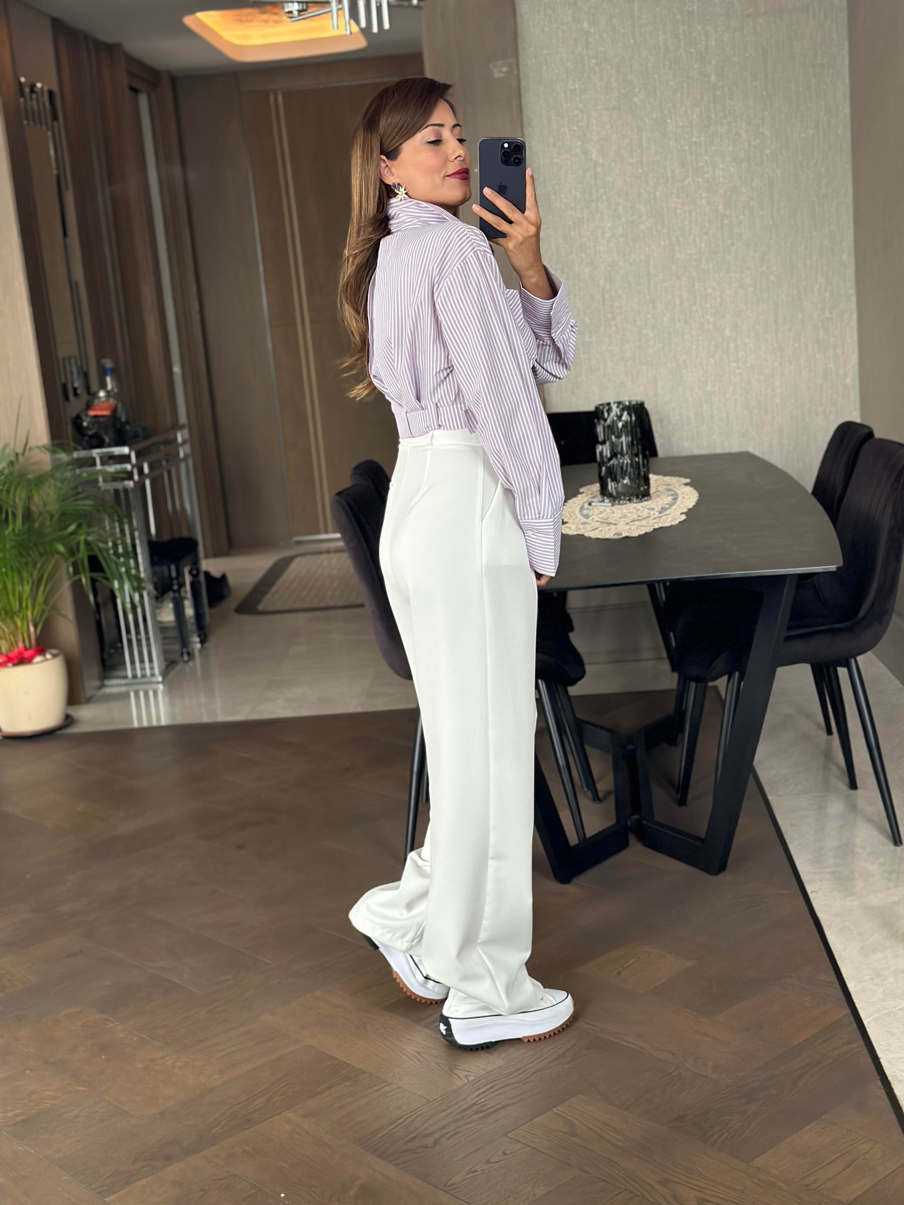 Pembe Kemer Detay Çizgili Kadın Crop Gömlek