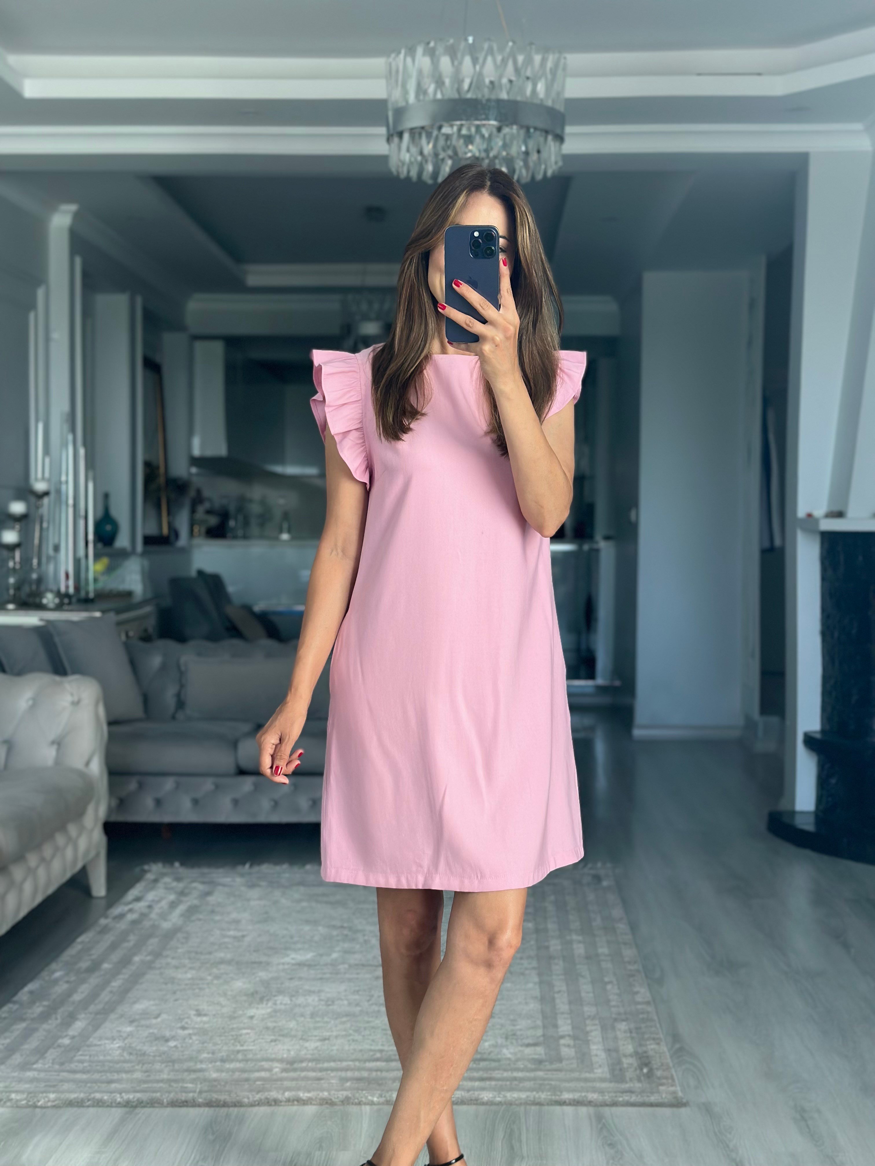 Pembe Kolları Fırfırlı Cepli Mini Kadın Mini Elbise 