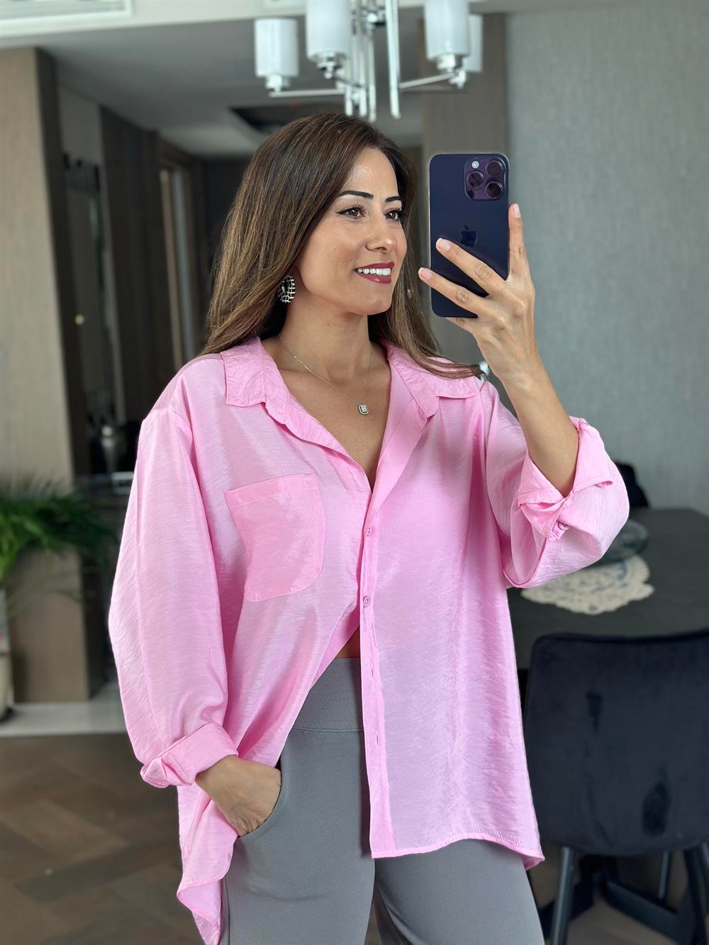 Pembe Krinkıl Oversize Kadın Gömlek