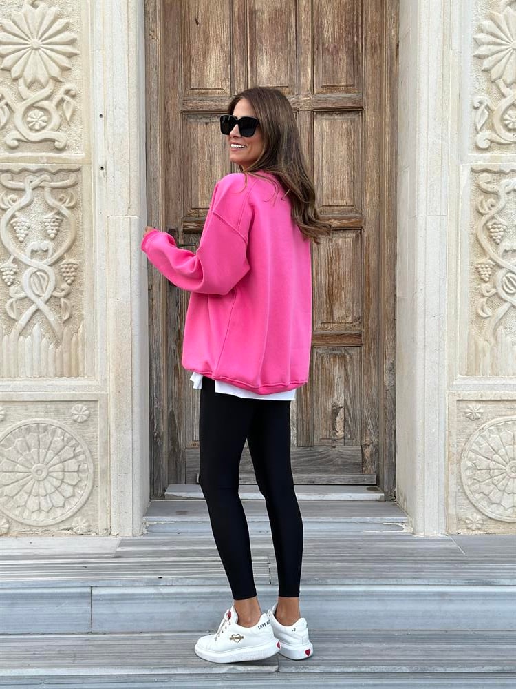 Pembe Omzu Dikiş Detay Bisiklet Yaka Şardonlu Kadın Sweatshirt