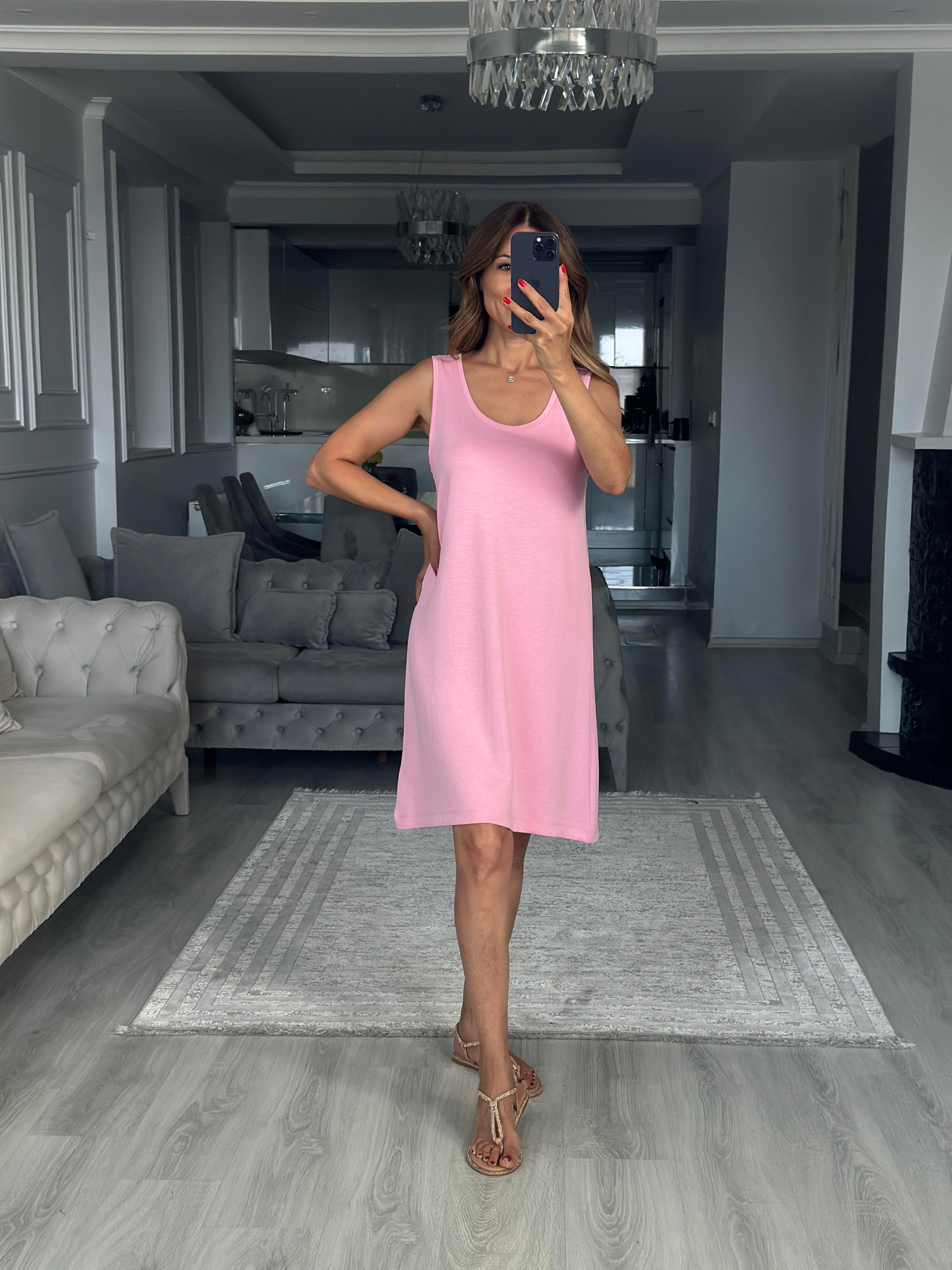Pembe Ön Arka U Yaka  Basic Mini Kadın Elbise