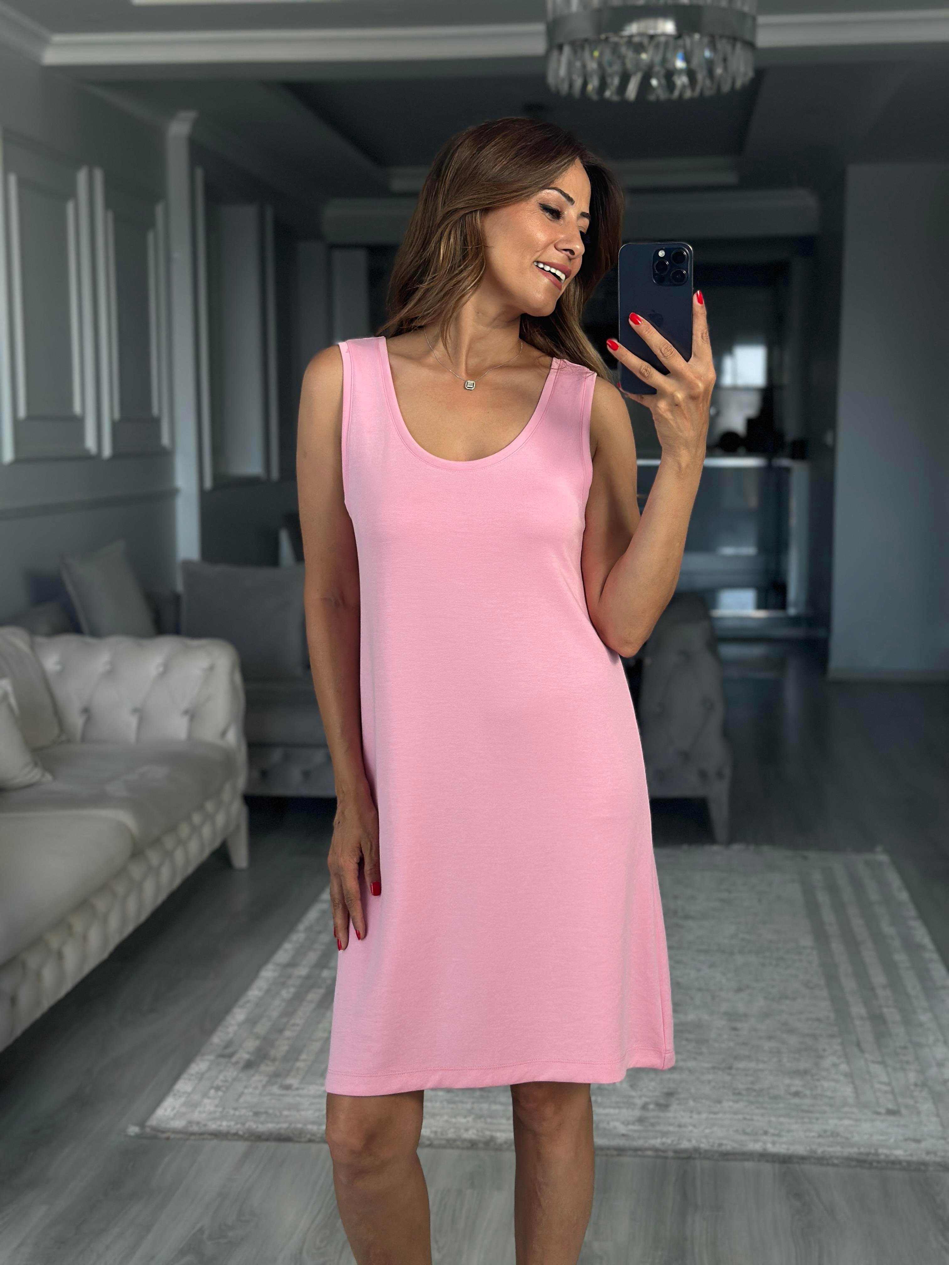Pembe Ön Arka U Yaka  Basic Mini Kadın Elbise