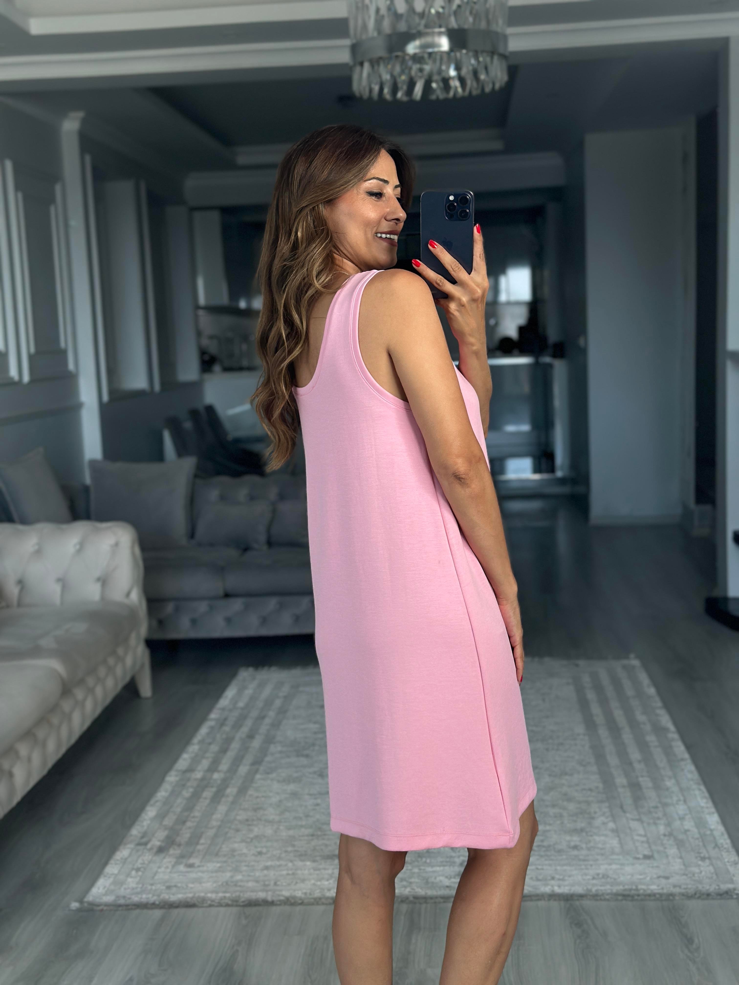 Pembe Ön Arka U Yaka  Basic Mini Kadın Elbise