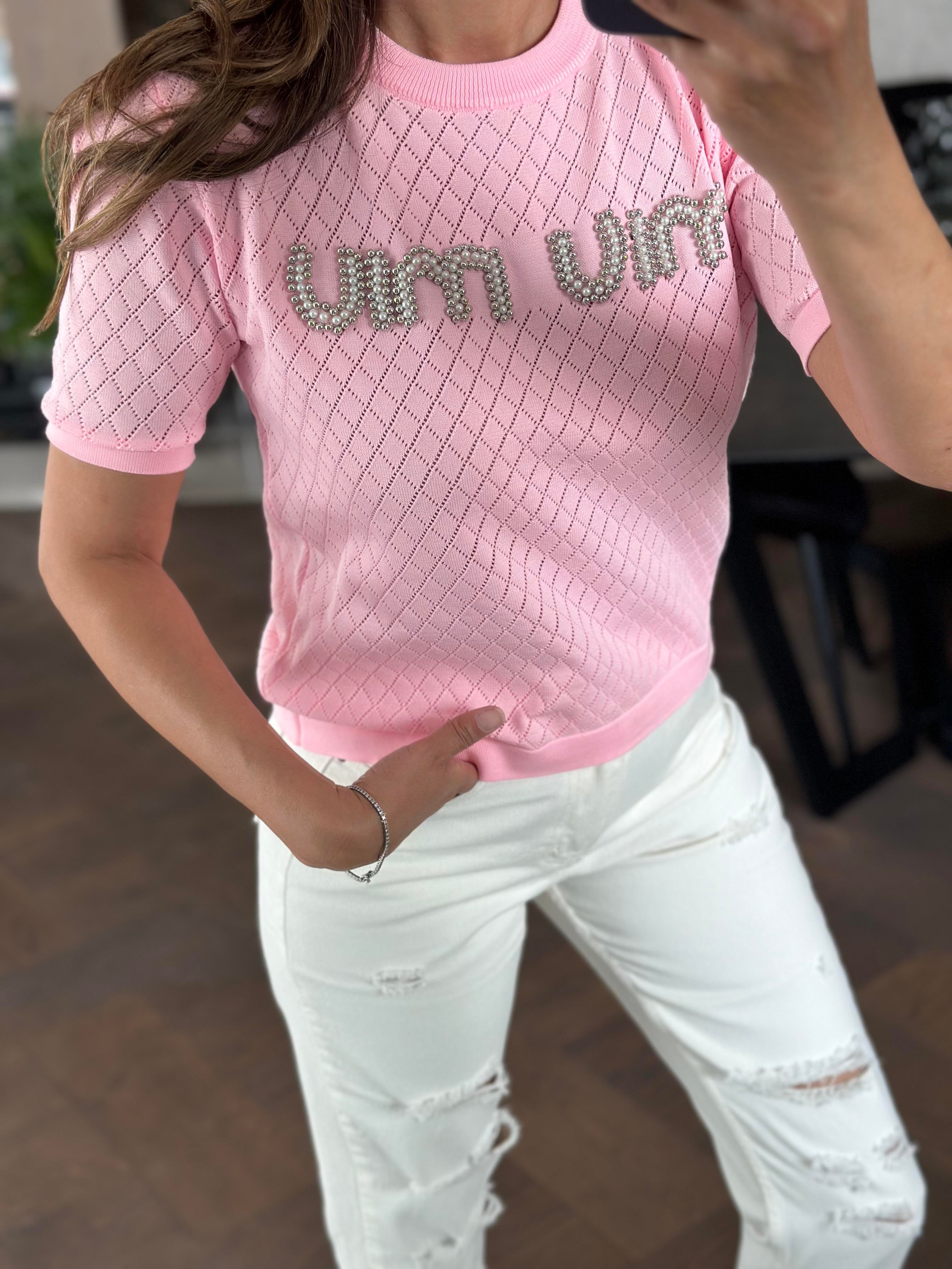 Pembe Önü İnci Taşlı Bisiklet Yaka Kısa Kol Kadın Triko Bluz