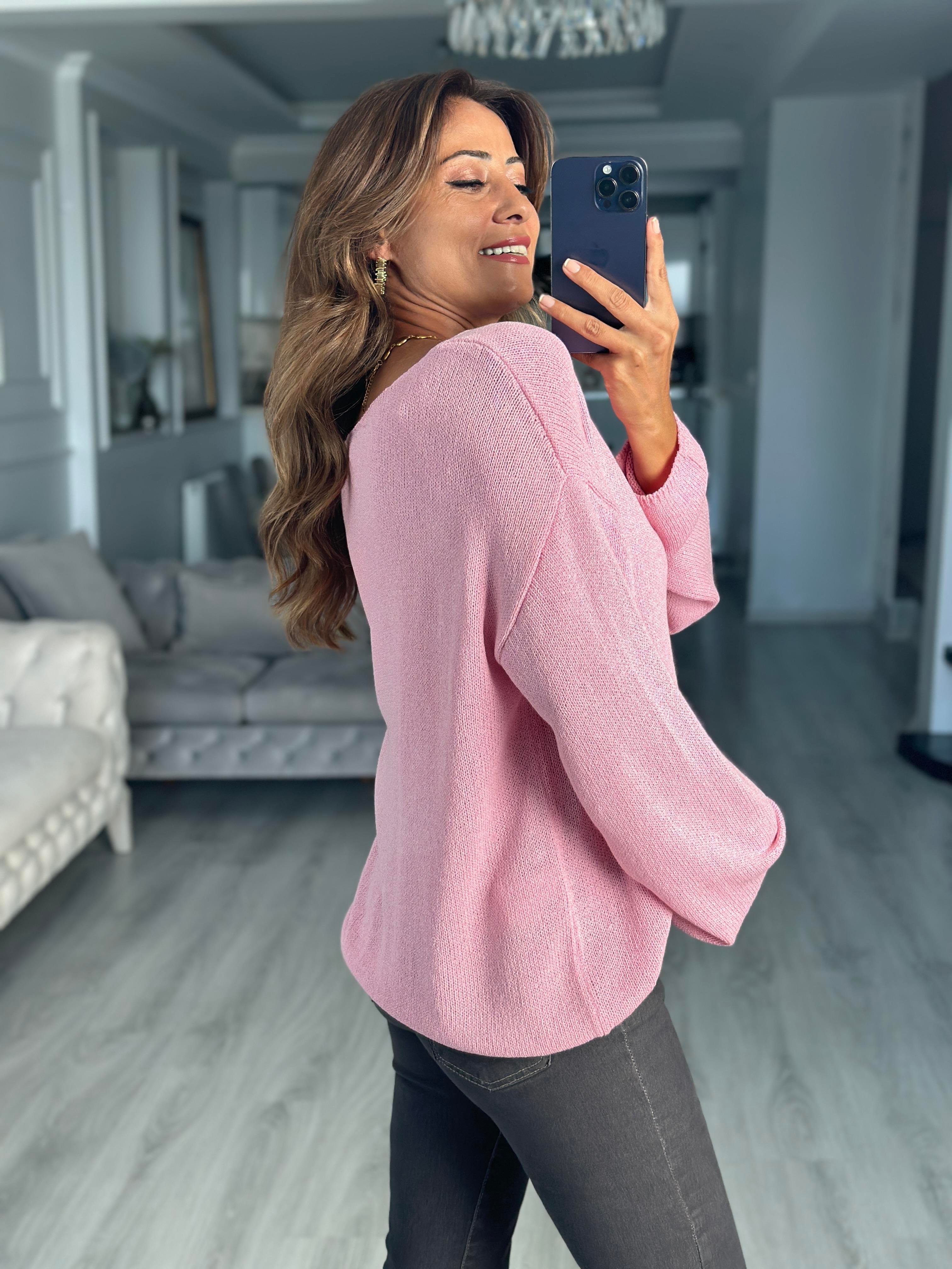 Pembe Oval Yaka Uzun Kol Kadın Triko Kazak