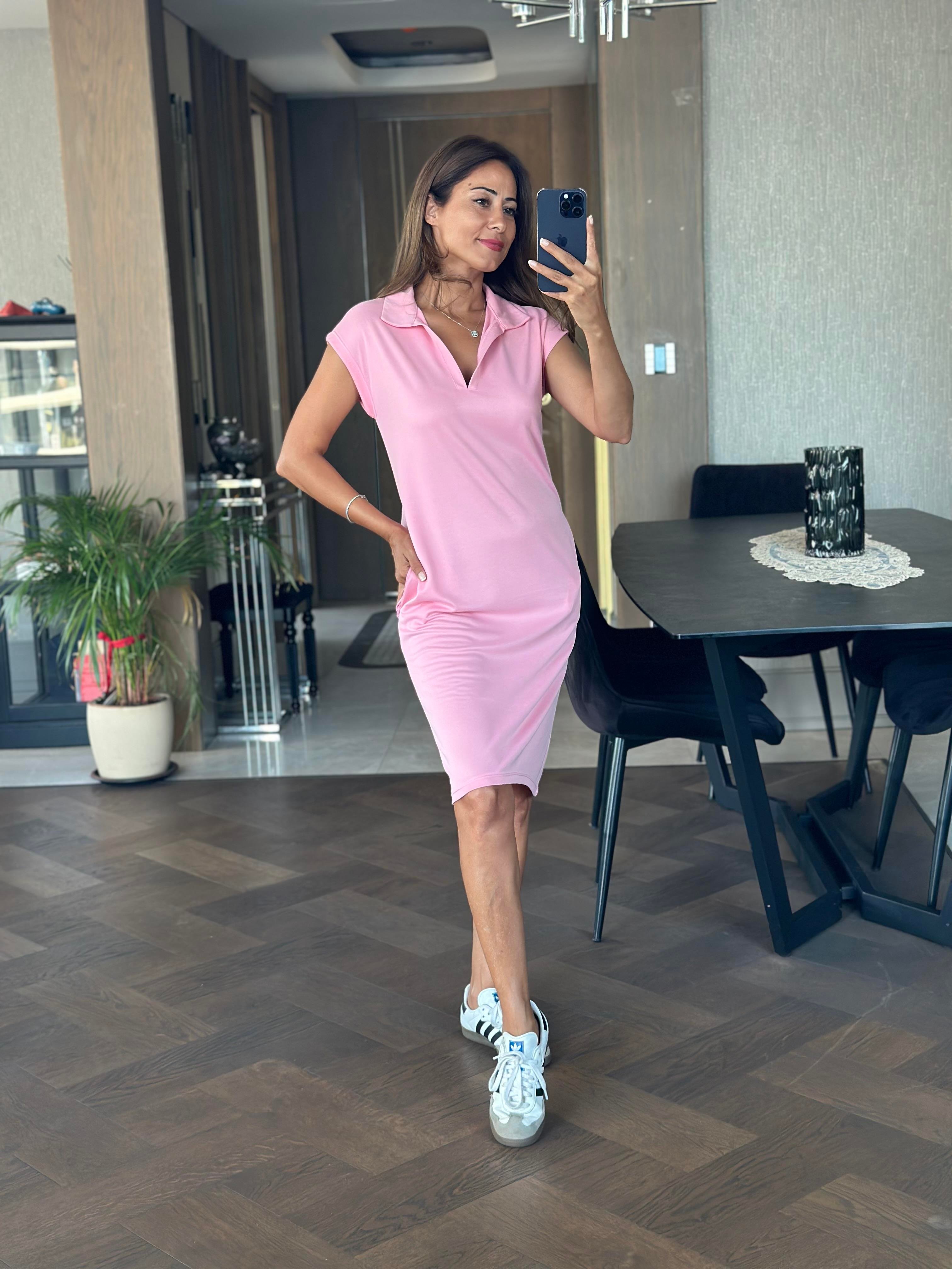 Pembe Oysh Polo Yaka Sıfır Kol Modal Midi Boy Kadın Elbise 