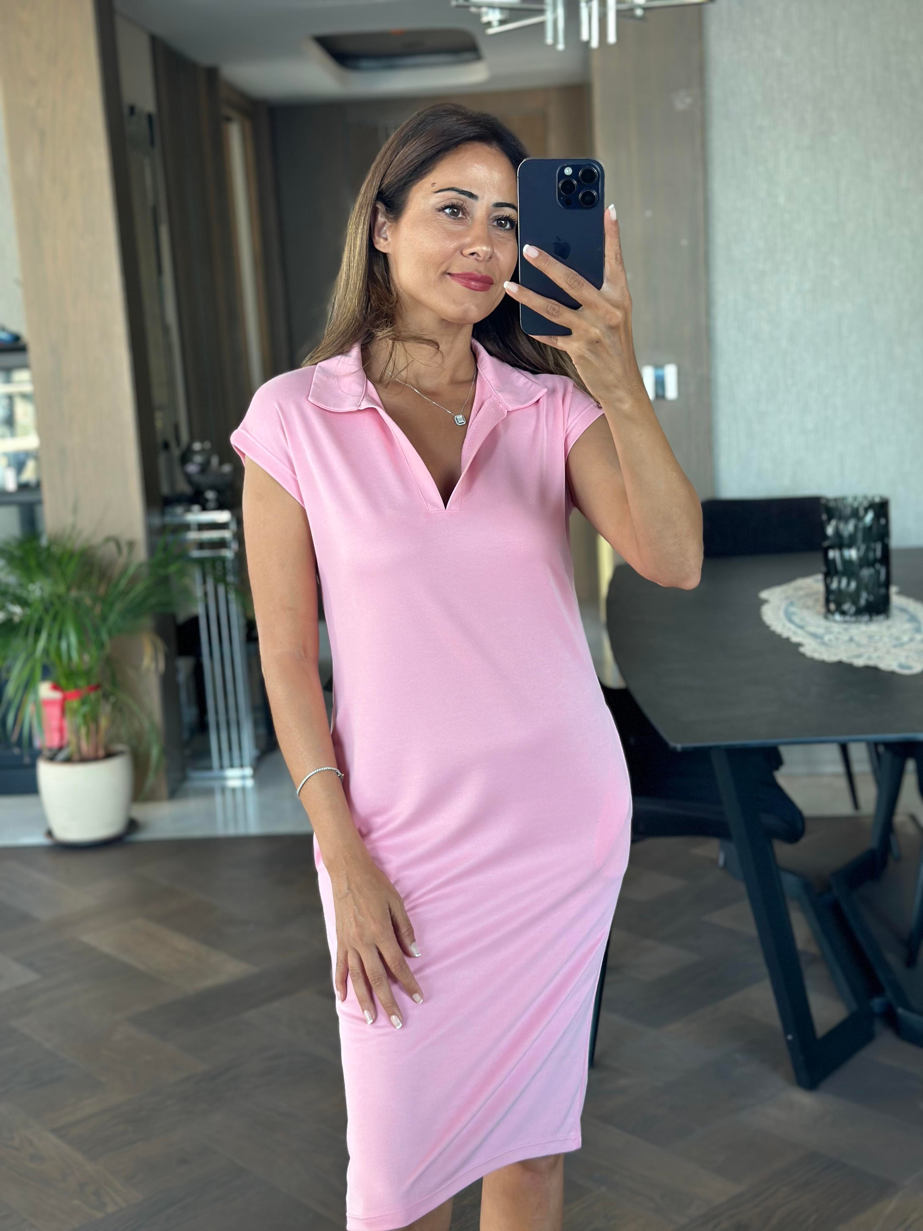 Pembe Oysh Polo Yaka Sıfır Kol Modal Midi Boy Kadın Elbise 