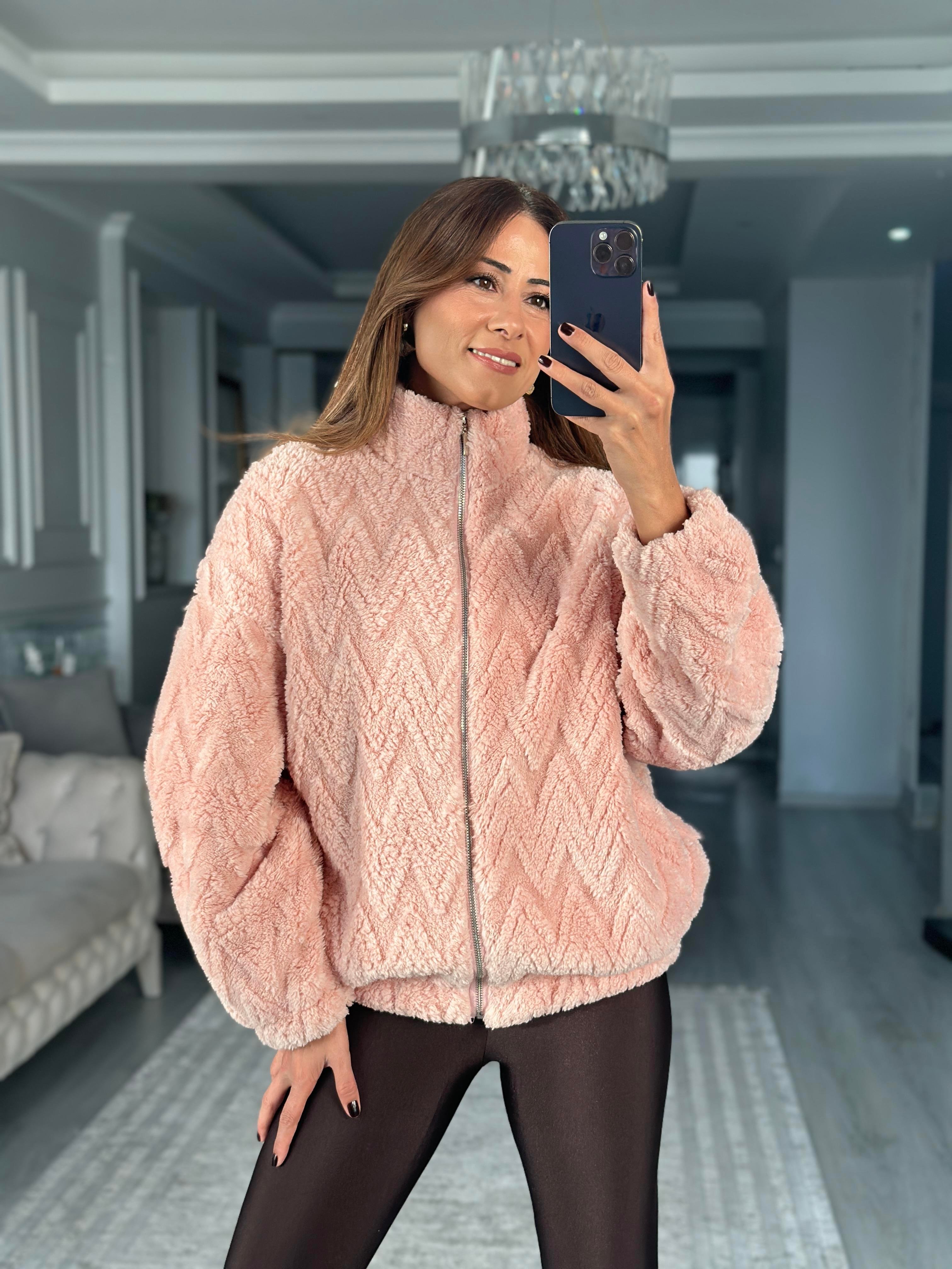 Pembe Peluş Fermuarlı  Kadın Sweatshirt