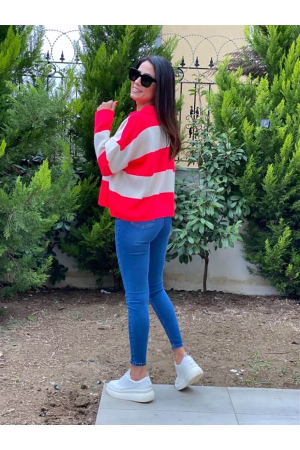 Pembe Polo Yaka Çizgili Kazak 