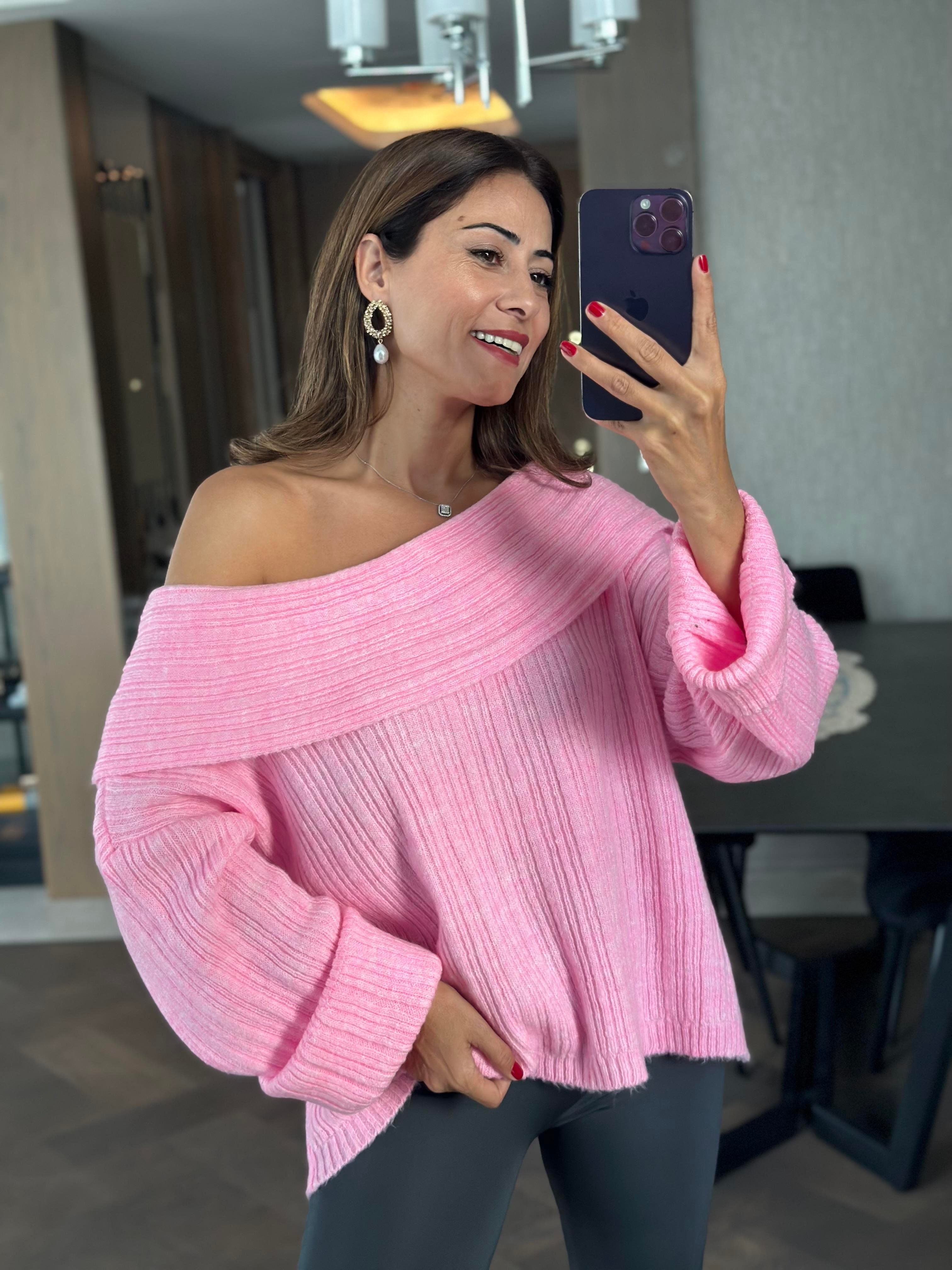 Pembe Şal Yaka Fitilli Kadın Triko Kazak