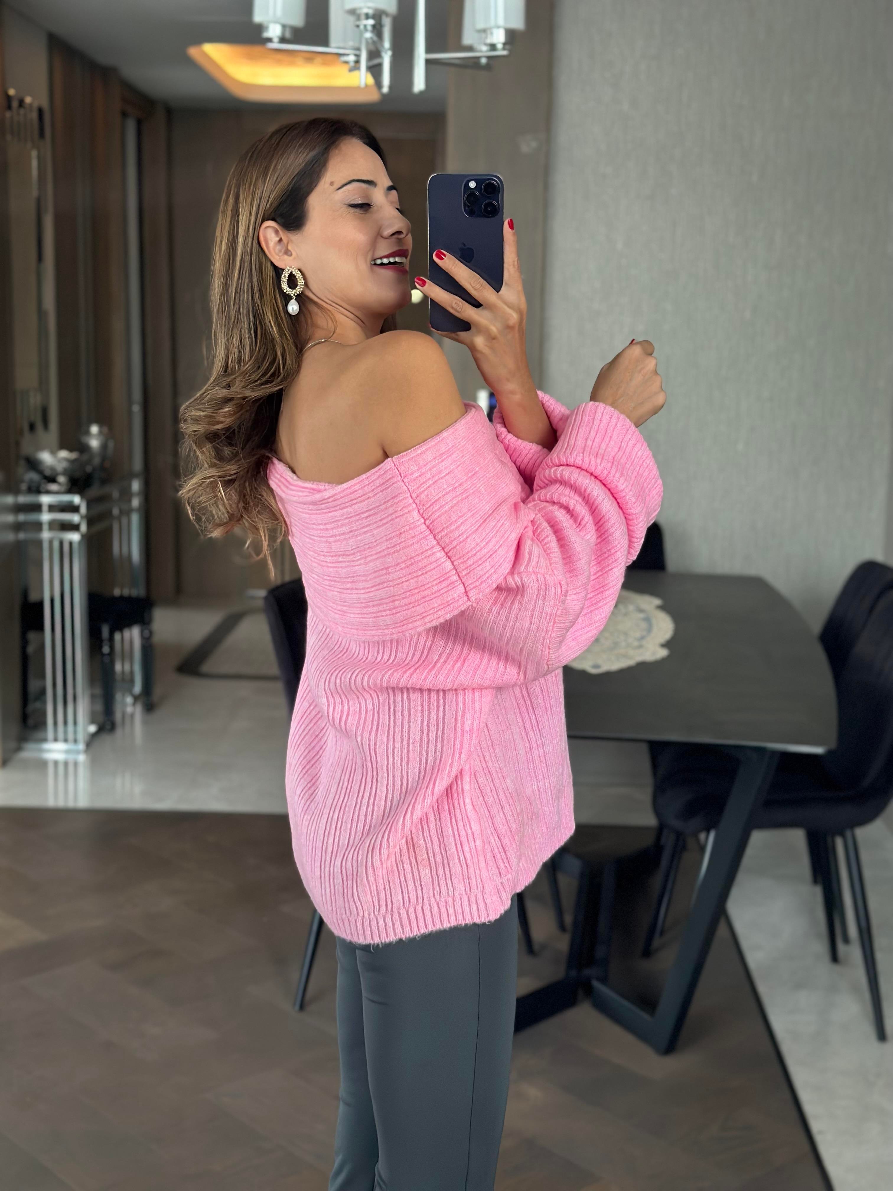 Pembe Şal Yaka Fitilli Kadın Triko Kazak