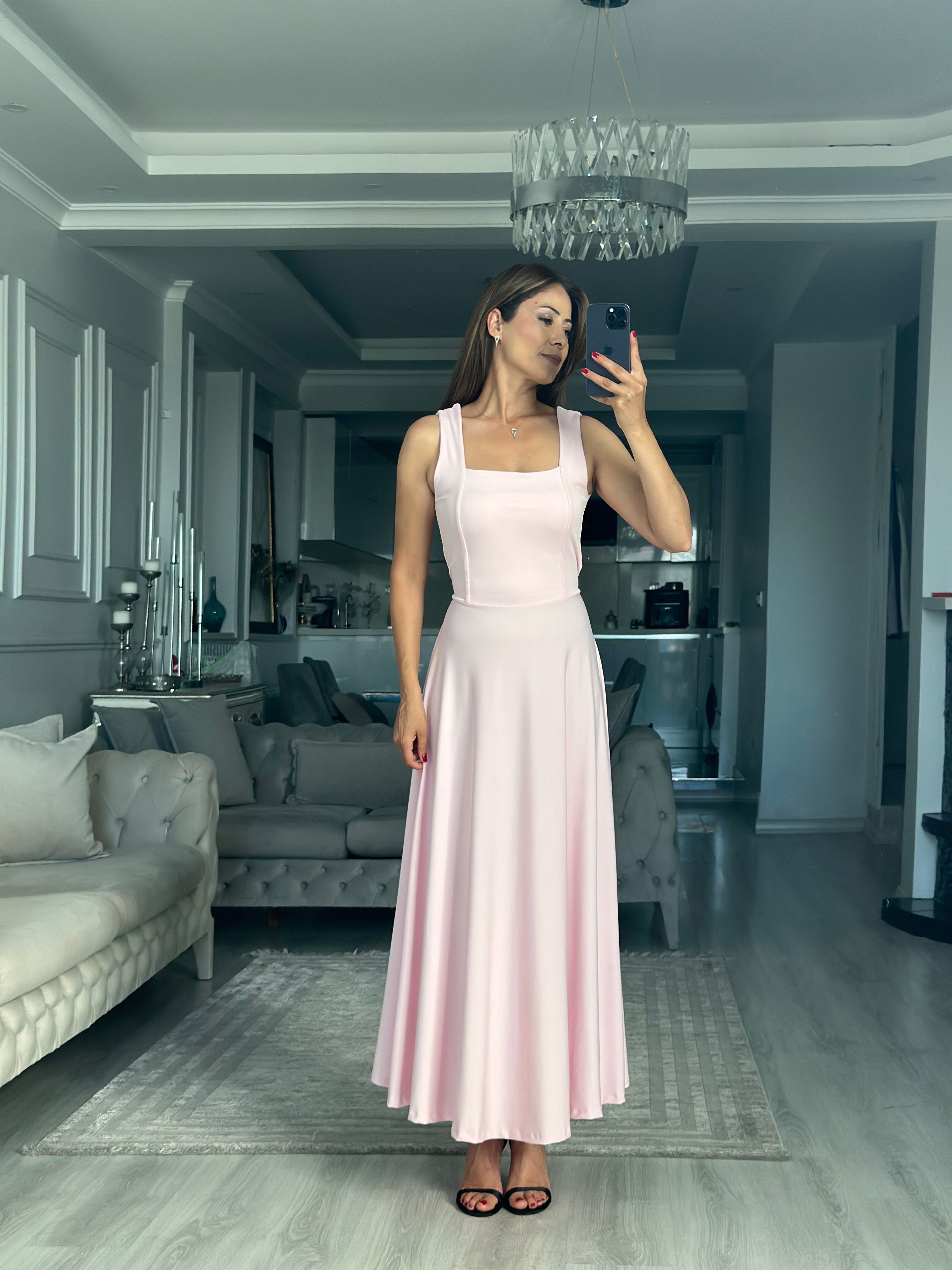 Pembe Scuba Bağlama Detay Maxi Boy Kadın Elbise 