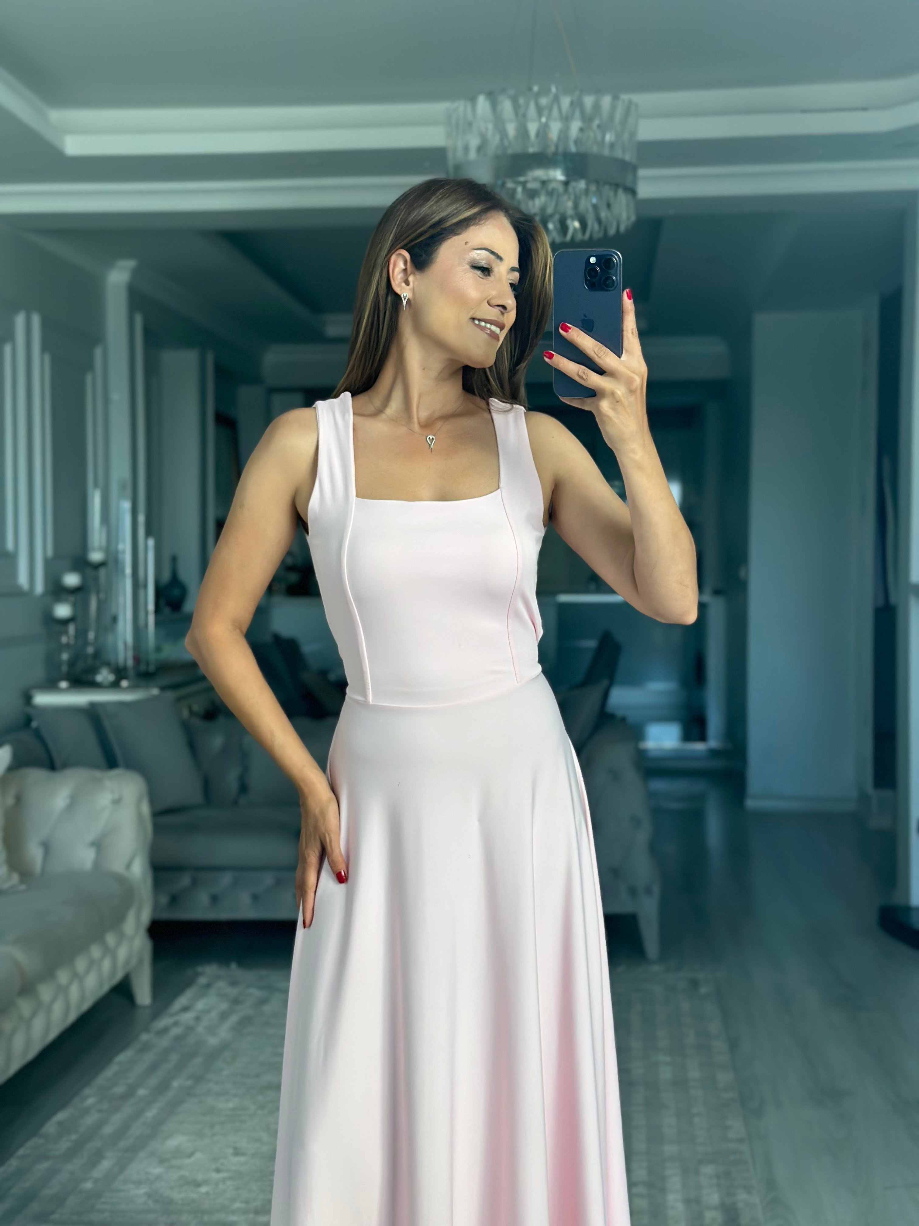 Pembe Scuba Bağlama Detay Maxi Boy Kadın Elbise 